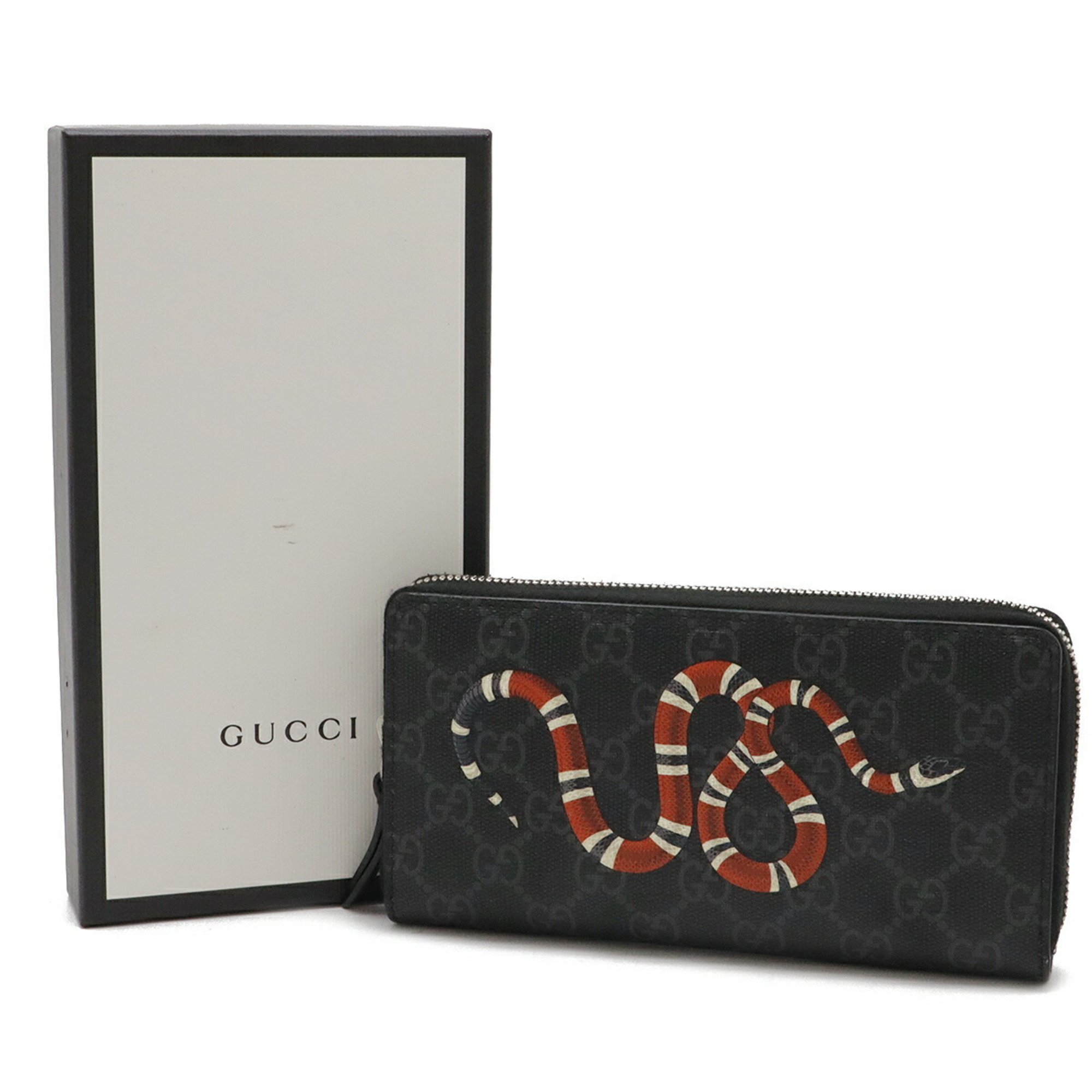 GUCCI GG Supreme Zip Around Wallet Round Long Snake PVC Dark Gray Black Red 451273