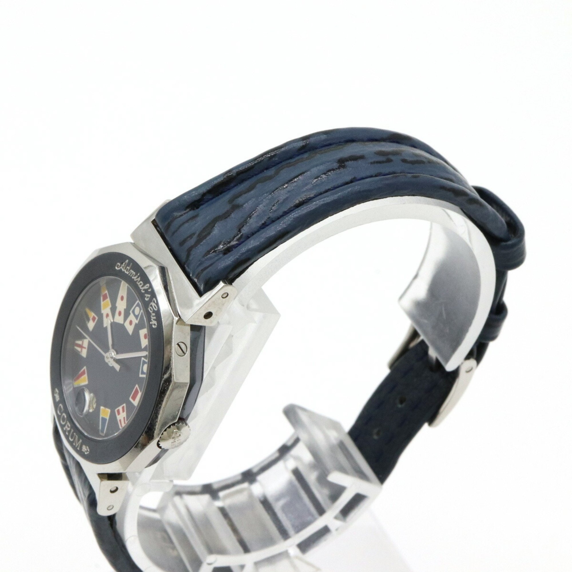 CORUM Admiral's Cup Gun Blue Navy Dial Stainless Steel Leather Strap Date Women's Quartz Watch 39.610.30 V050