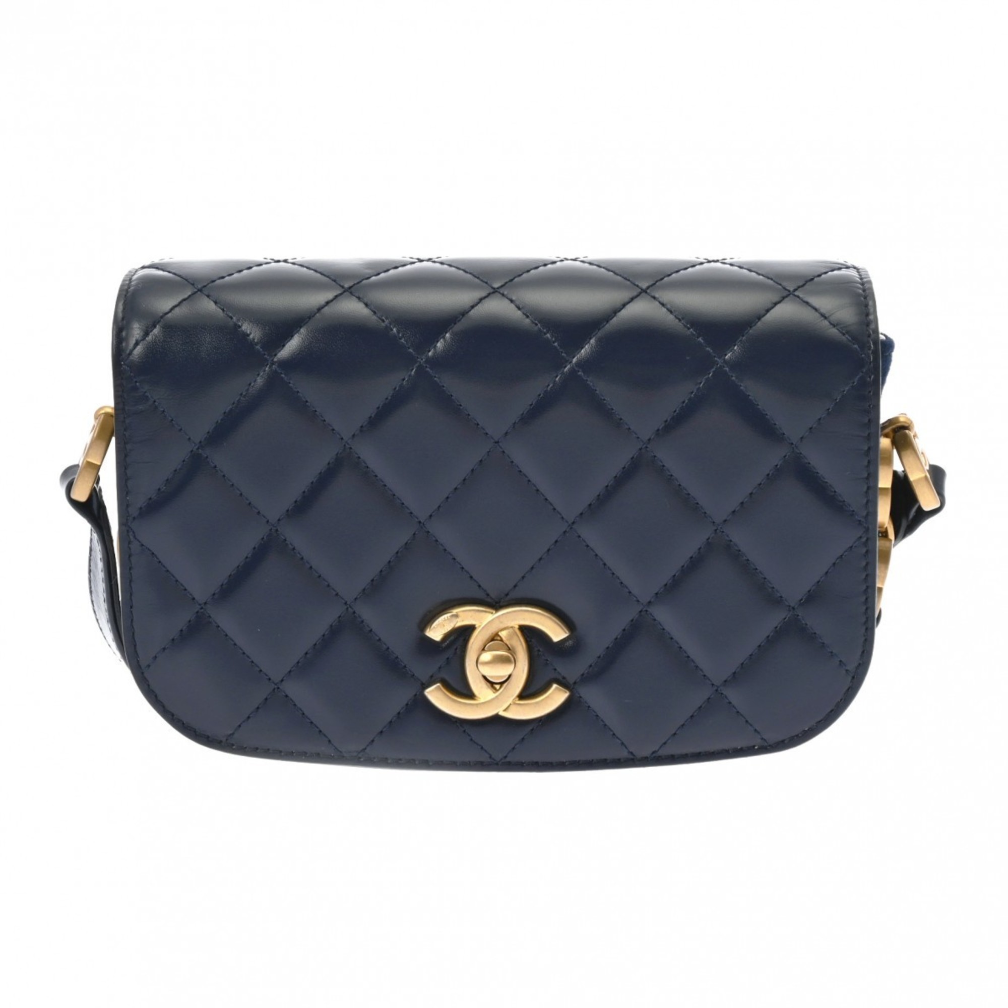 CHANEL Chanel Matelasse Coco Mark Chain Navy Women's Shiny Calfskin/Suede Shoulder Bag