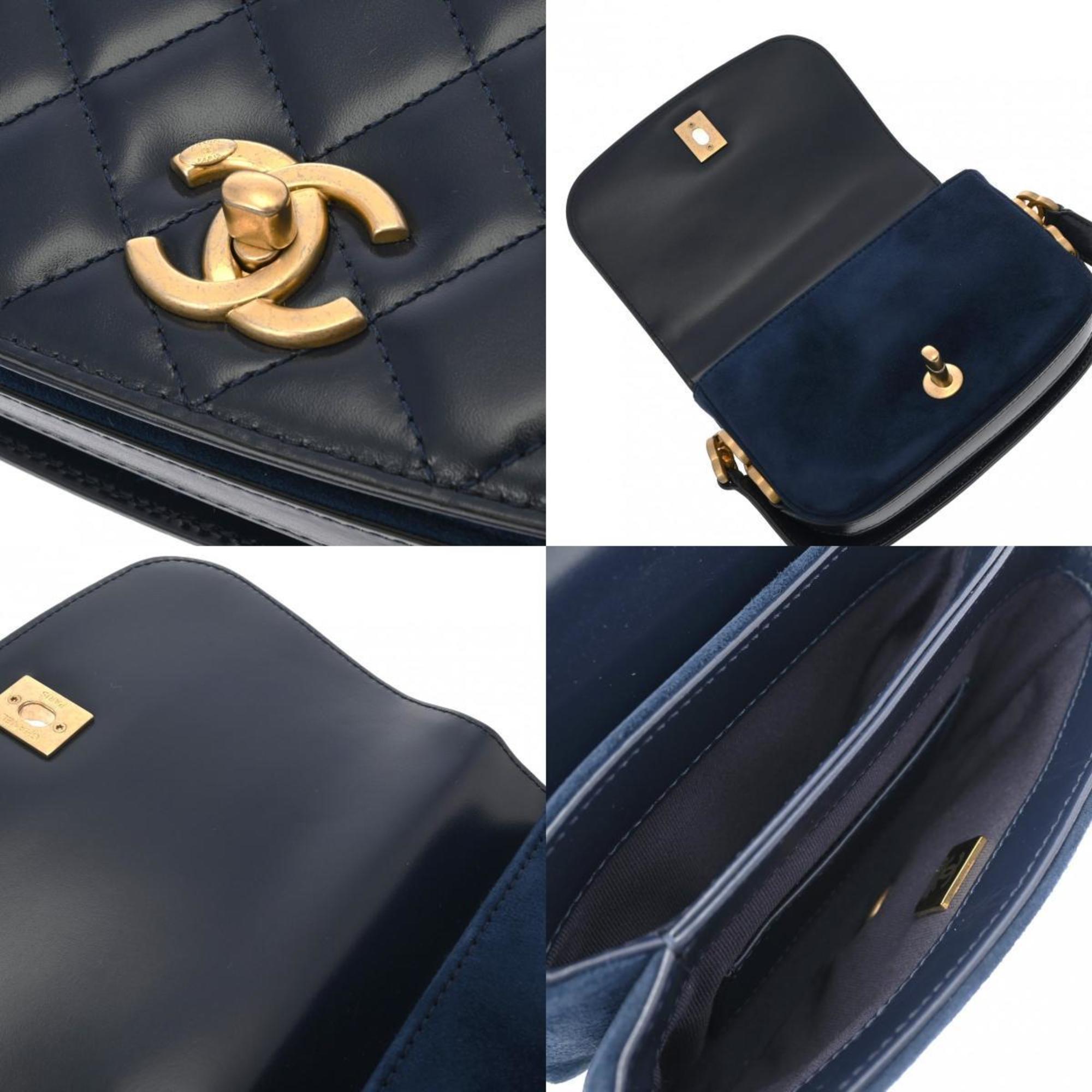 CHANEL Chanel Matelasse Coco Mark Chain Navy Women's Shiny Calfskin/Suede Shoulder Bag