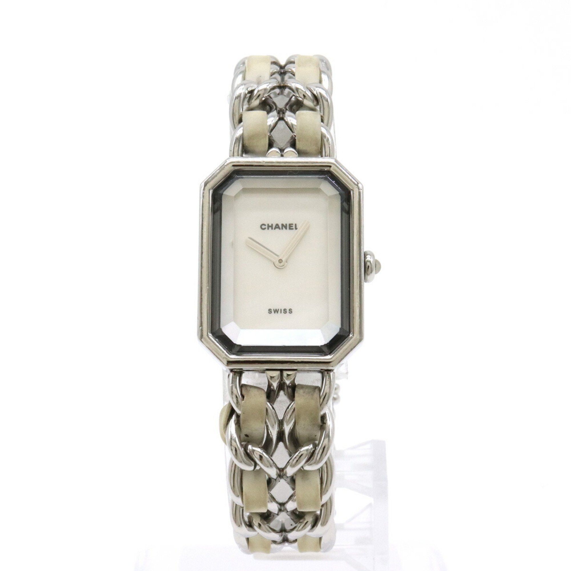 CHANEL Premiere White Shell Dial M Size SS Leather Ladies Watch H1639