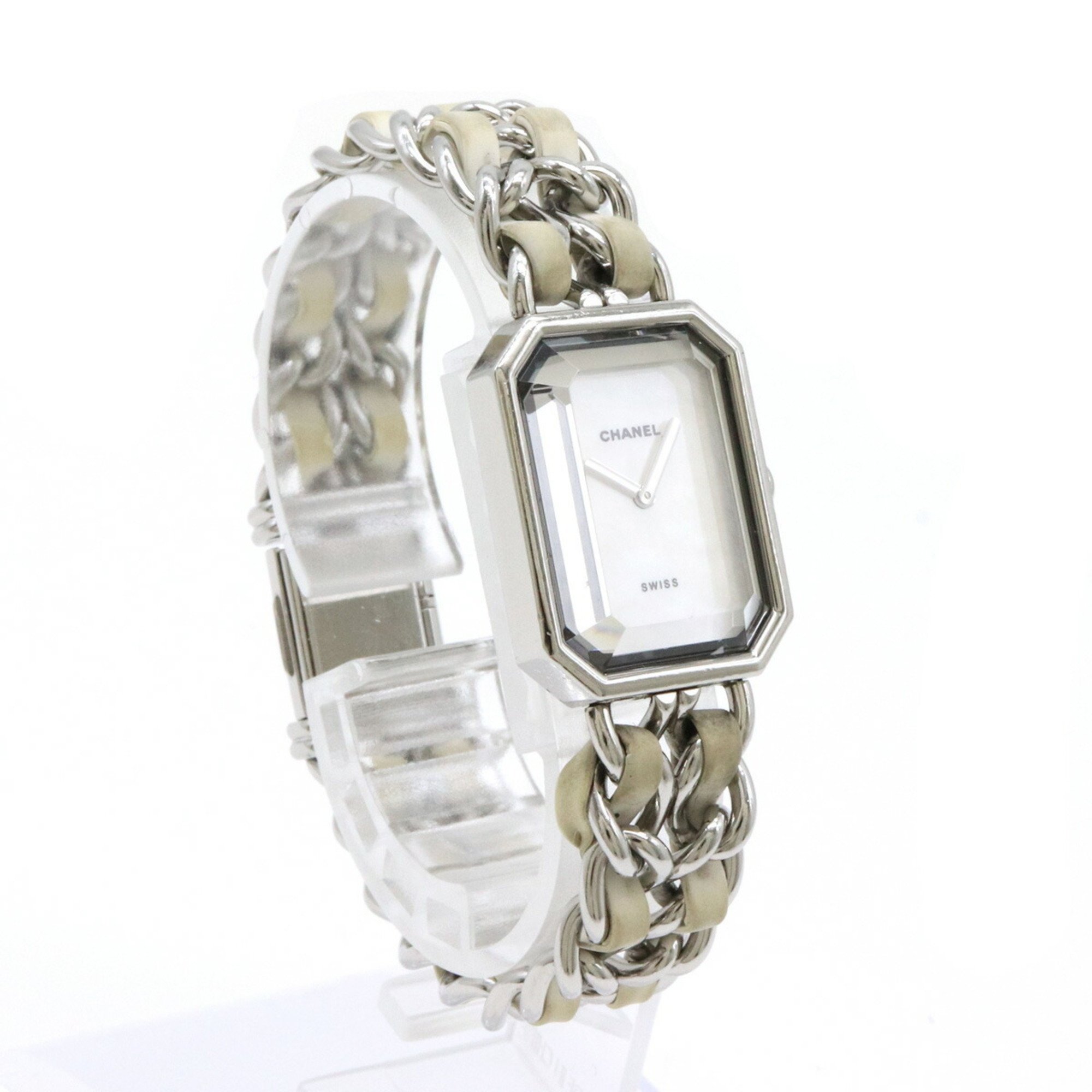 CHANEL Premiere White Shell Dial M Size SS Leather Ladies Watch H1639