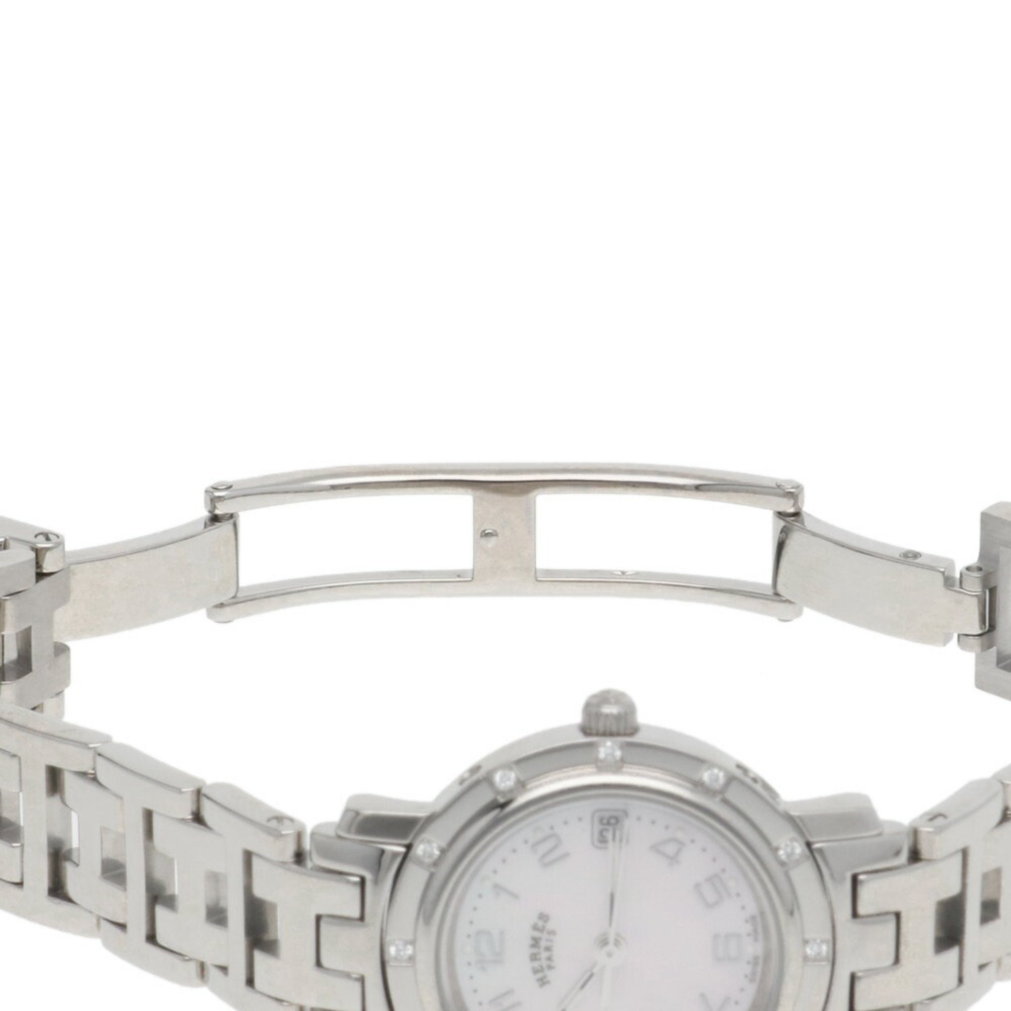 Hermes Clipper Watch Stainless Steel CL4.230 Quartz Ladies HERMES Bezel Diamond Shell Dial Overhauled