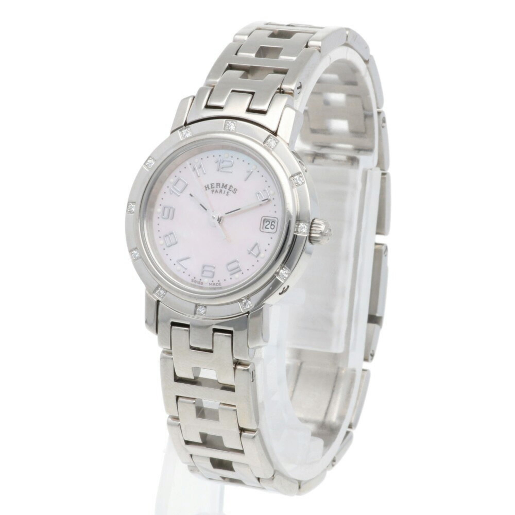 Hermes Clipper Watch Stainless Steel CL4.230 Quartz Ladies HERMES Bezel Diamond Shell Dial Overhauled