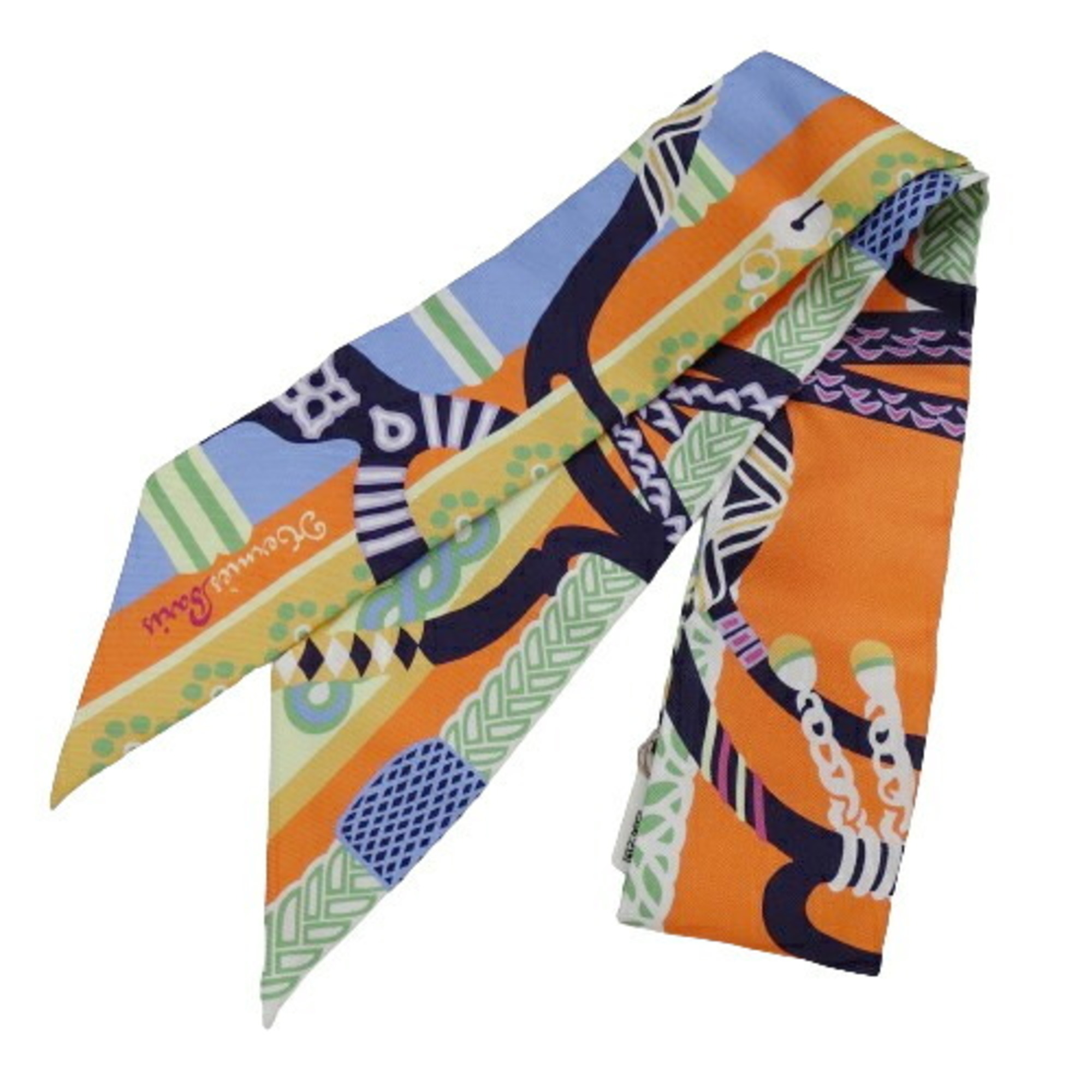 Hermes HERMES Scarf Women's Twilly FANTAISIE D'ETRIERS Stirrup Fantasy Silk Orange Multi