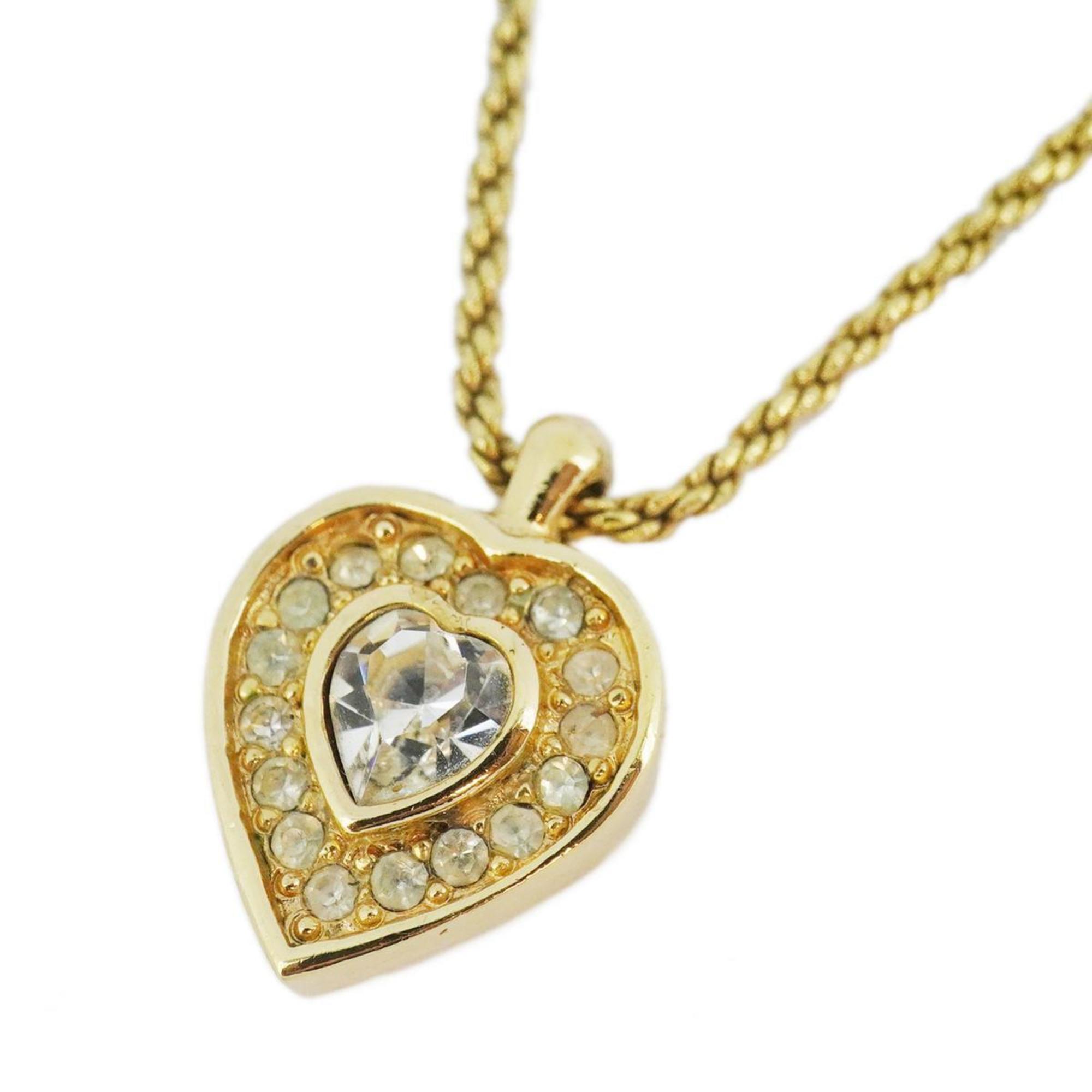 Christian Dior Necklace Heart Motif Rhinestone GP Plated Gold Women's