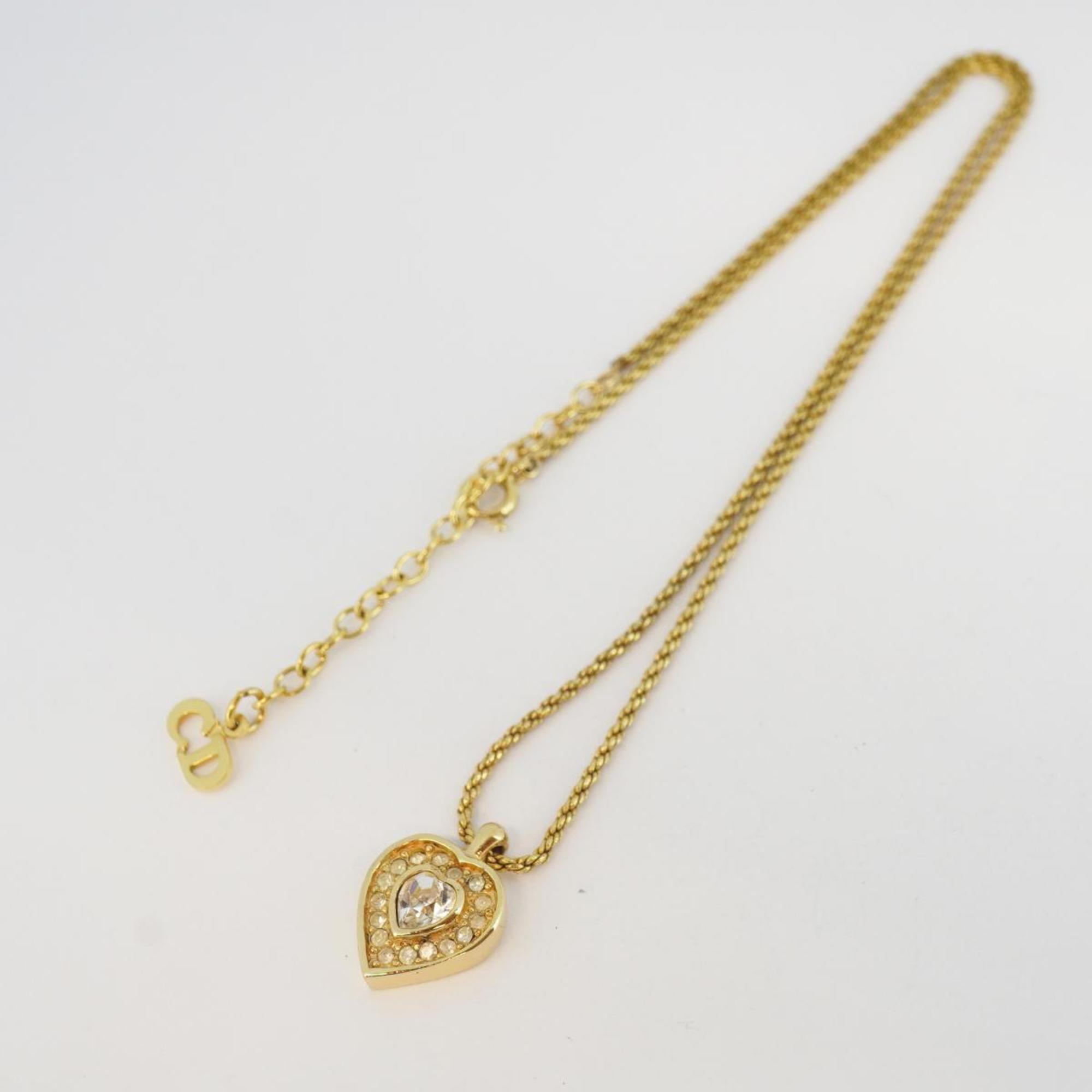 Christian Dior Necklace Heart Motif Rhinestone GP Plated Gold Women's