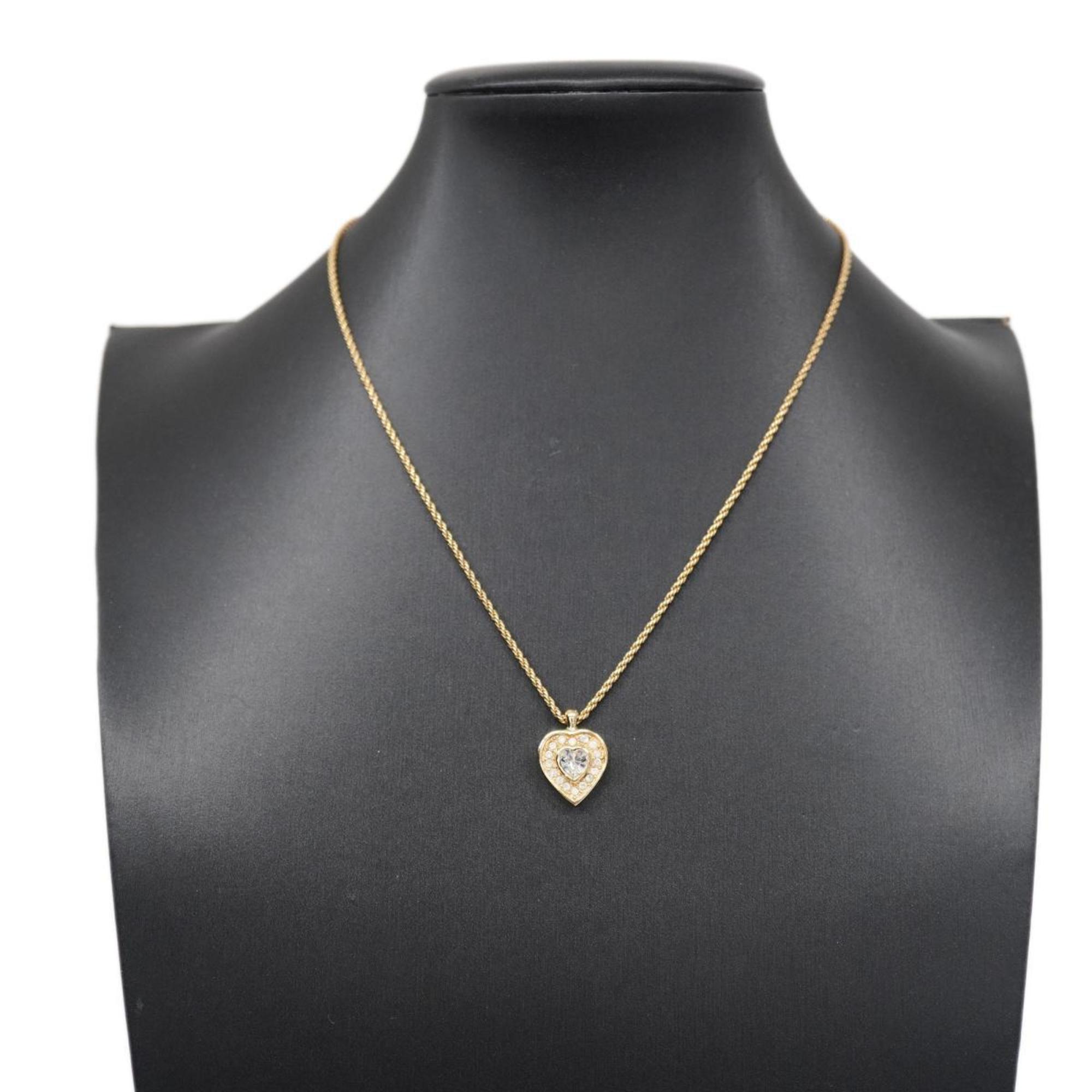 Christian Dior Necklace Heart Motif Rhinestone GP Plated Gold Women's