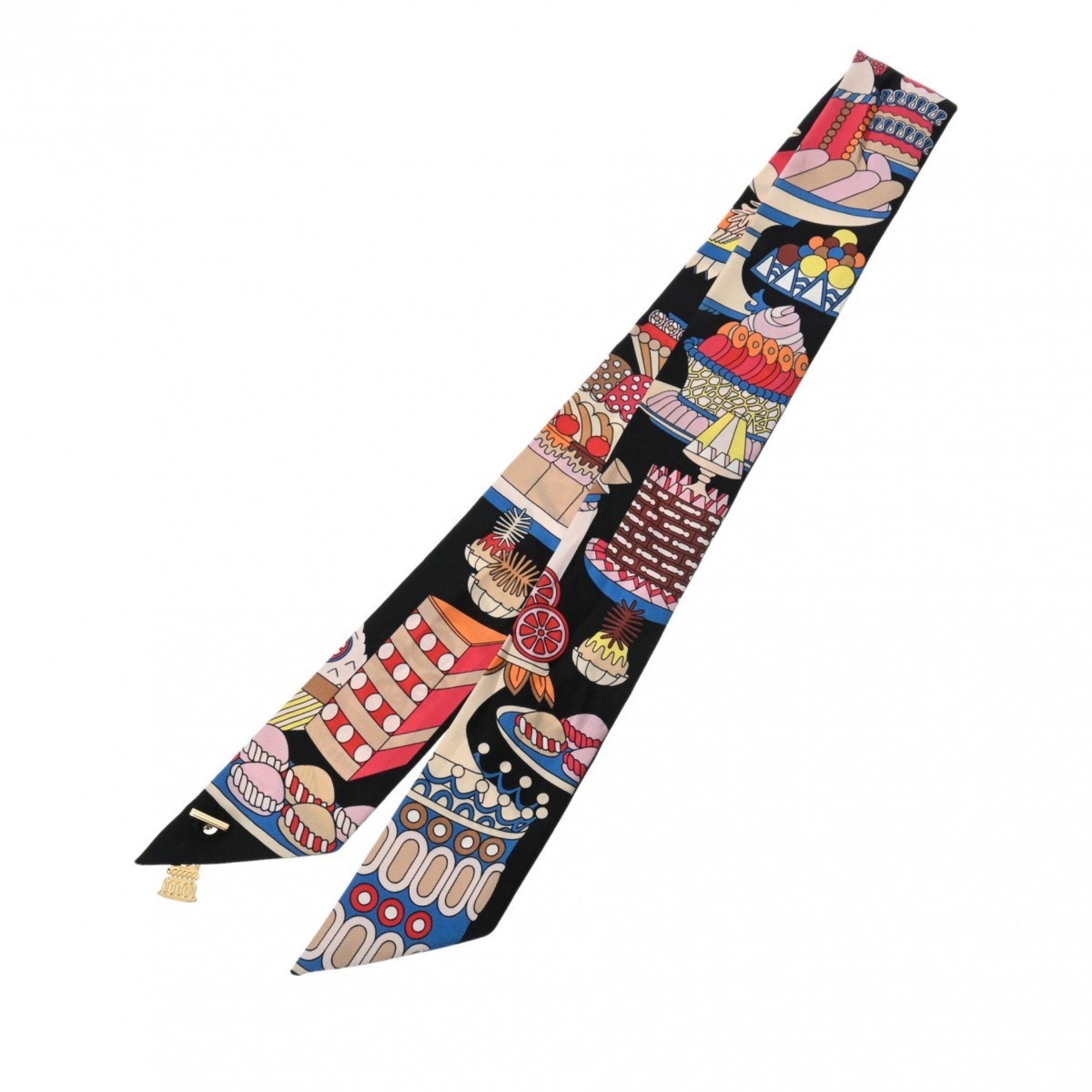 HERMES Twilly Charm LA PATISSERE FRANCAISE Black Multicolor Women's 100% Silk Scarf Muffler