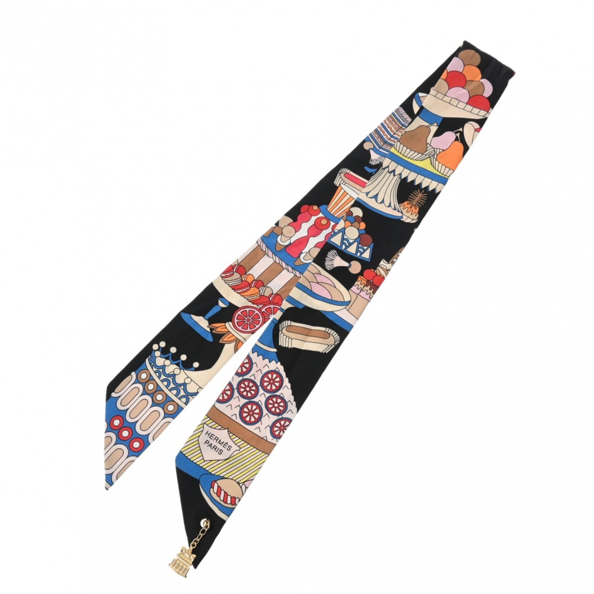 HERMES Twilly Charm LA PATISSERE FRANCAISE Black Multicolor Women's 100% Silk Scarf Muffler