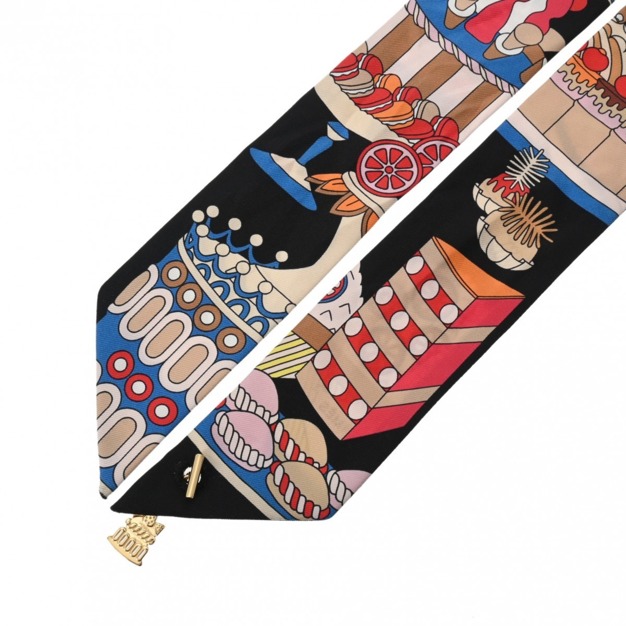 HERMES Twilly Charm LA PATISSERE FRANCAISE Black Multicolor Women's 100% Silk Scarf Muffler