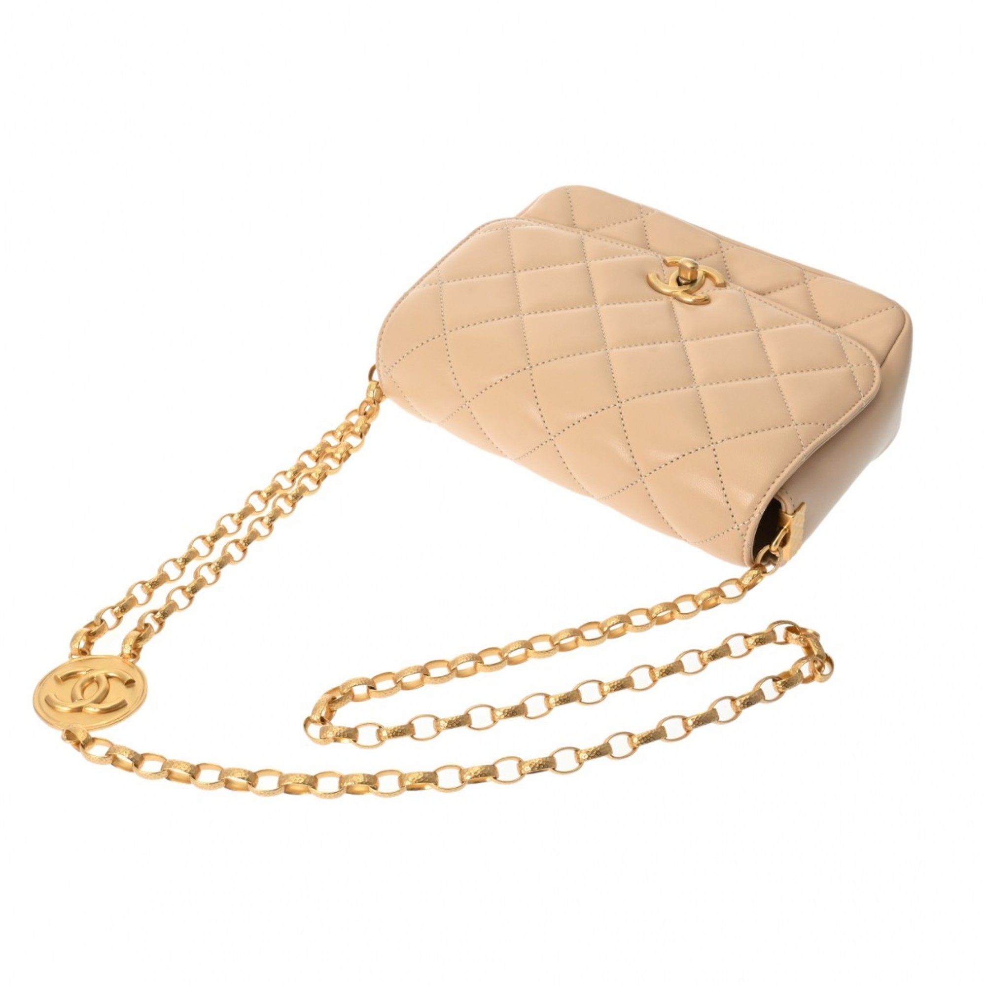 CHANEL Chanel Matelasse Chain Shoulder 20cm Beige Women's Lambskin Bag