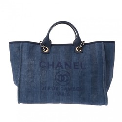 CHANEL Deauville GM Blue A66941 Women's Raffia Leather Shoulder Bag