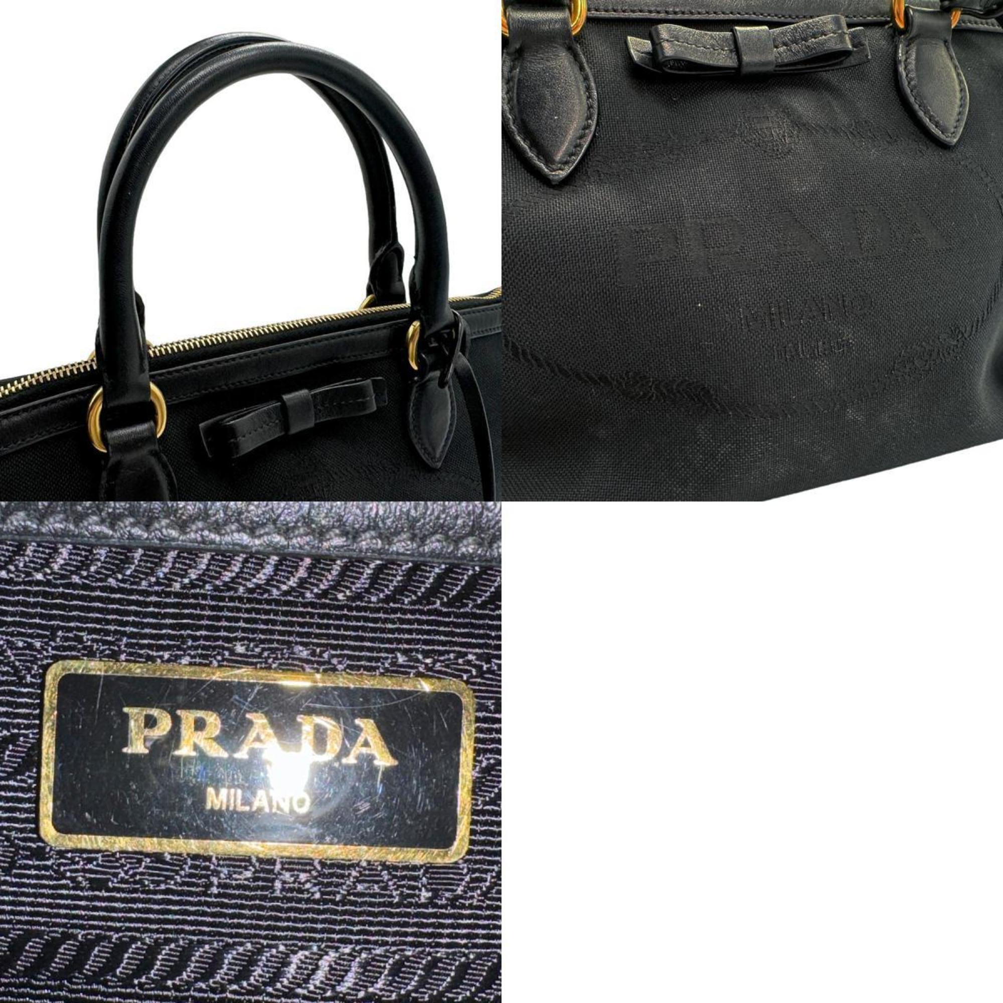 PRADA handbag canvas leather black gold ladies n0282