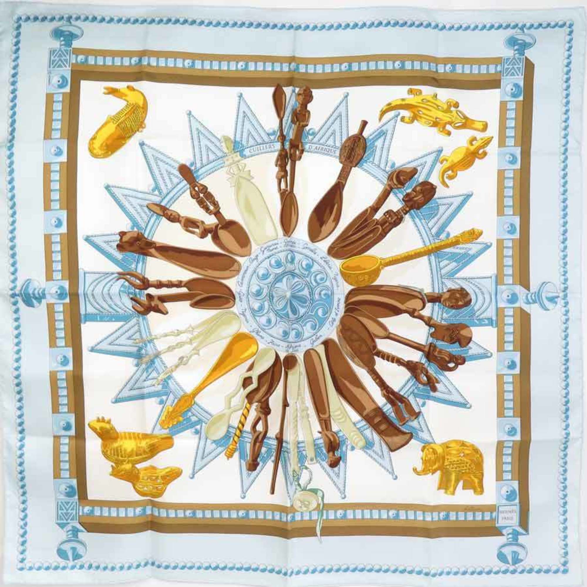 Hermes HERMES Scarf Muffler Carre 90 CUILLERS D'AFRIQUE Silk Light Blue Multicolor Women's e59045a