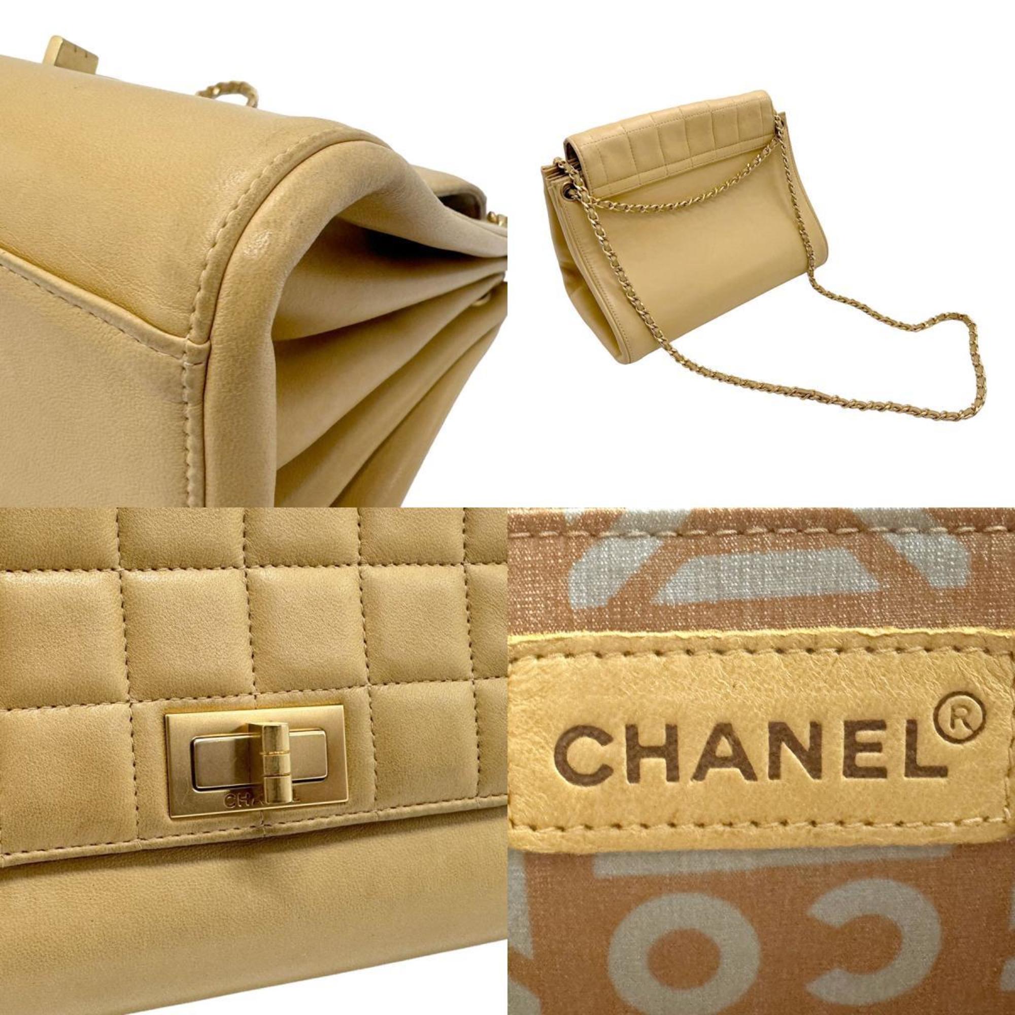 CHANEL Shoulder Bag 2.55 Chocolate Bar Leather Beige Gold Women's n0244