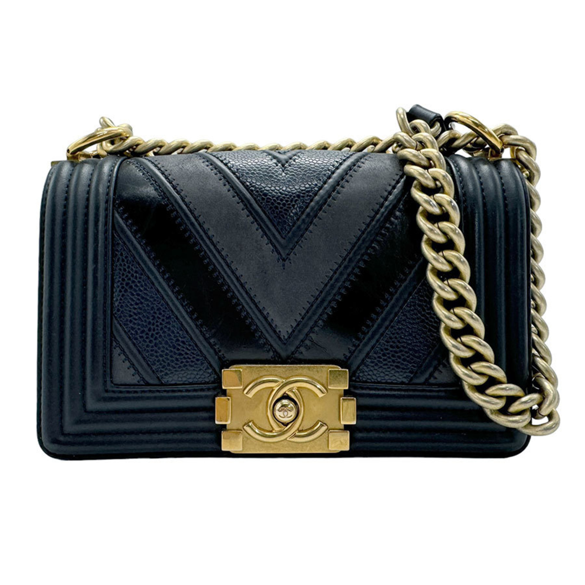 CHANEL Shoulder Bag Boy Chanel Leather Metal Navy Gold Women's z2126