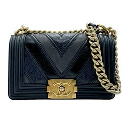 CHANEL Shoulder Bag Boy Chanel Leather Metal Navy Gold Women's z2126