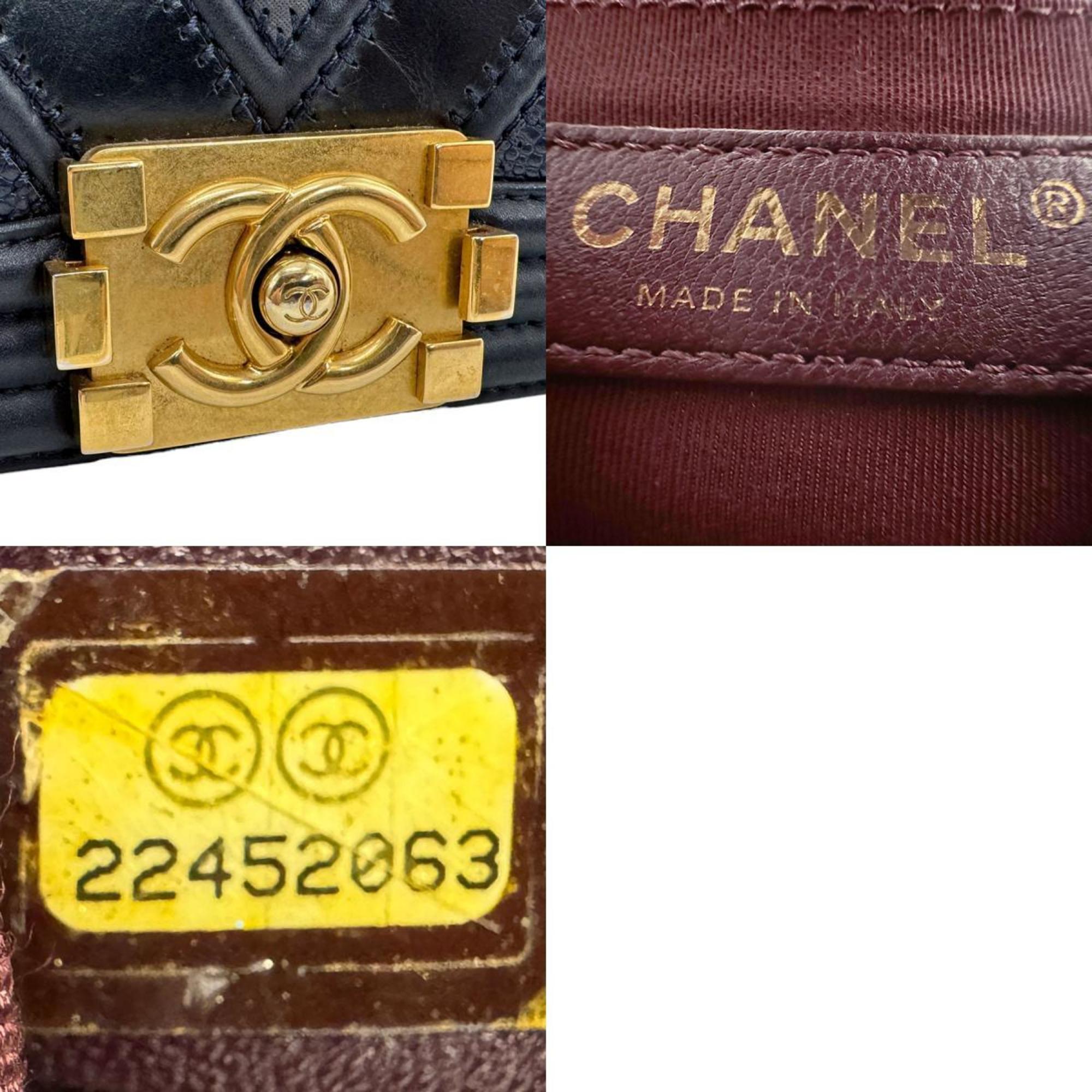 CHANEL Shoulder Bag Boy Chanel Leather Metal Navy Gold Women's z2126