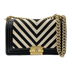 CHANEL Shoulder Bag Boy Chanel Black x Ivory Gold Women's z2141