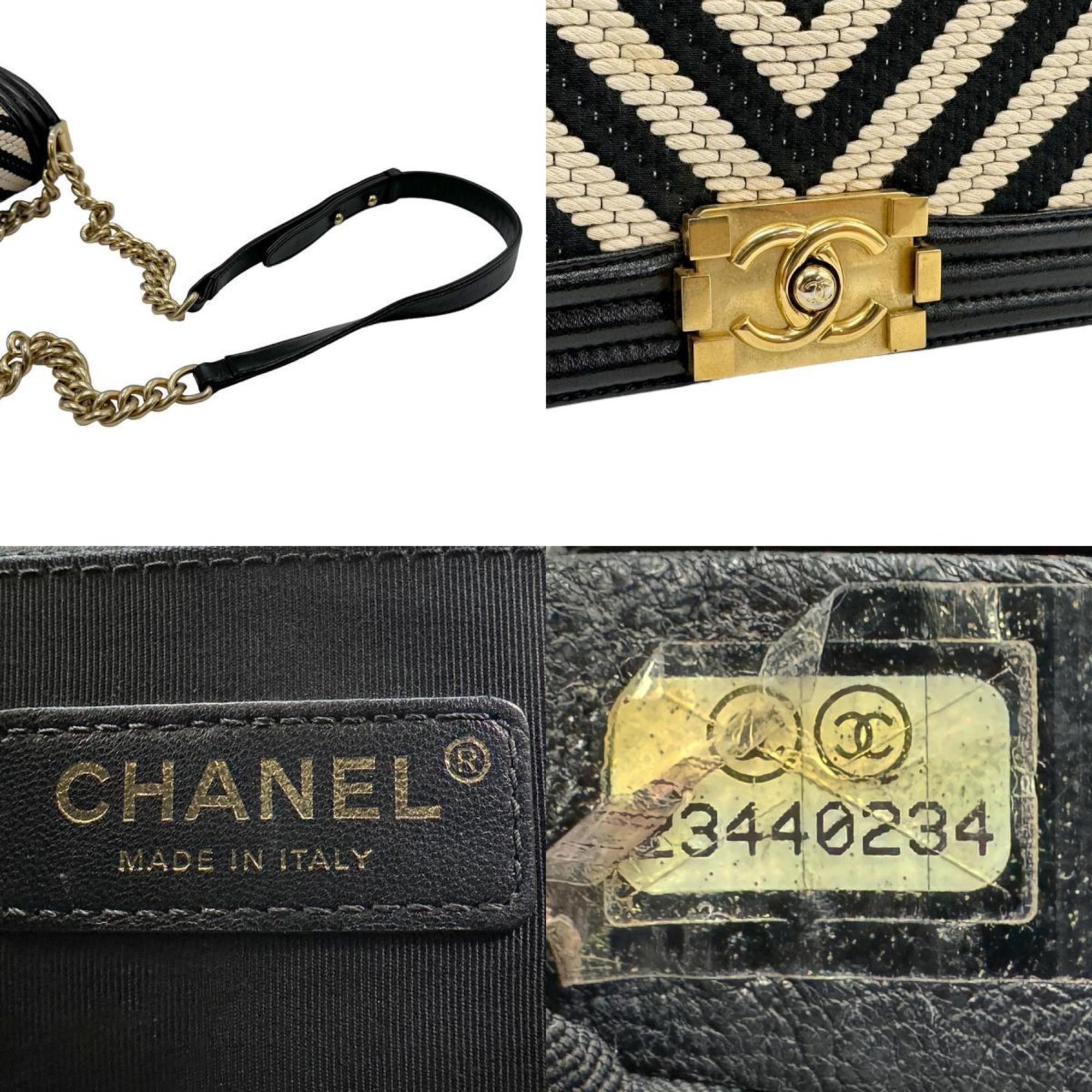 CHANEL Shoulder Bag Boy Chanel Black x Ivory Gold Women's z2141