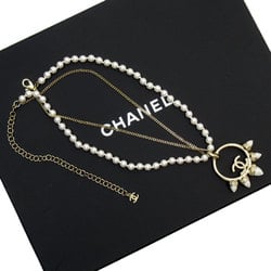 CHANEL Necklace Coco Mark Metal Faux Pearl Light Gold White Women's w0650j