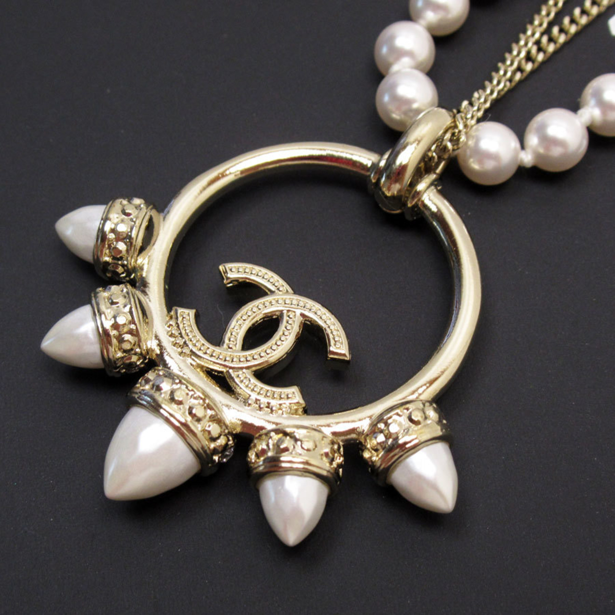 CHANEL Necklace Coco Mark Metal Faux Pearl Light Gold White Women's w0650j