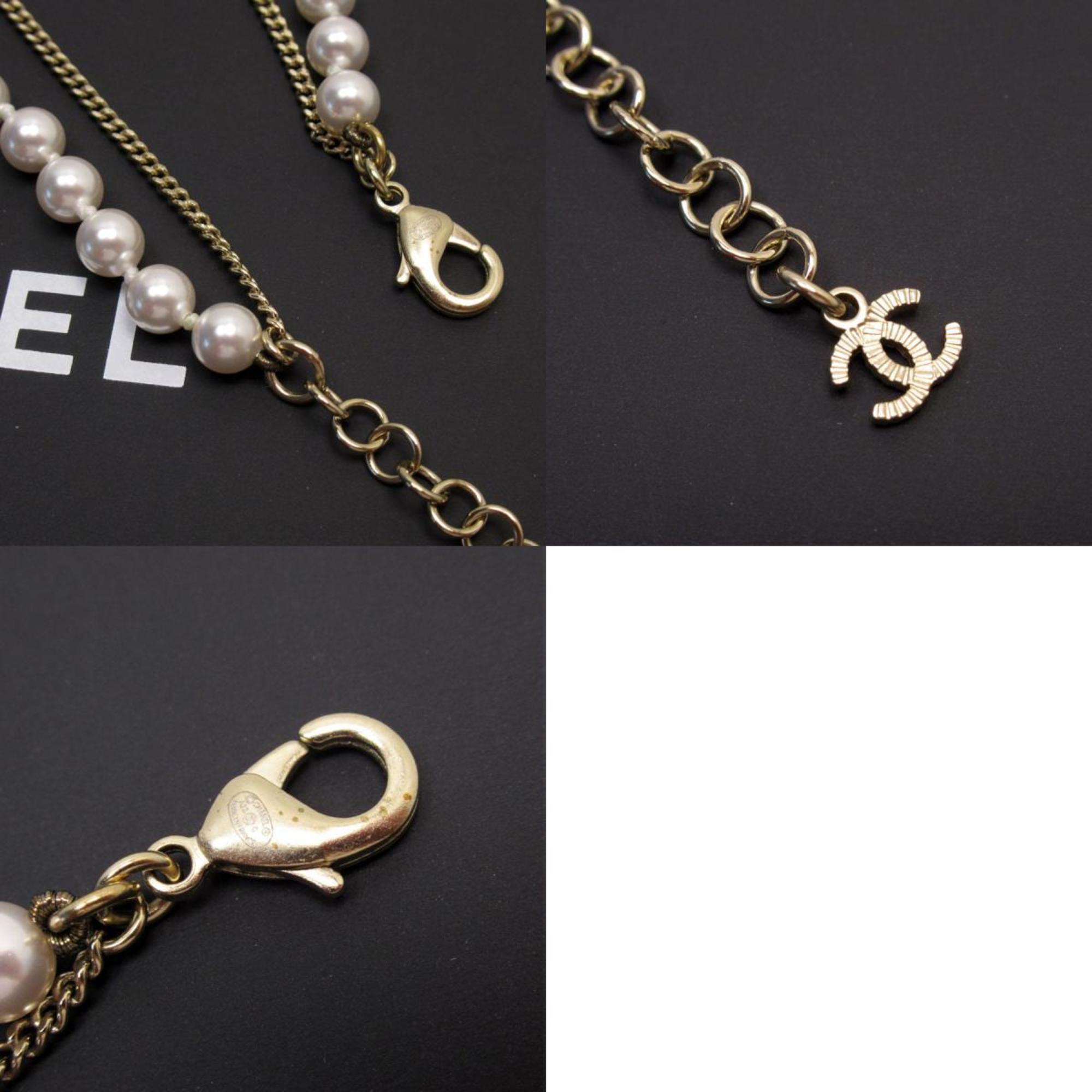 CHANEL Necklace Coco Mark Metal Faux Pearl Light Gold White Women's w0650j