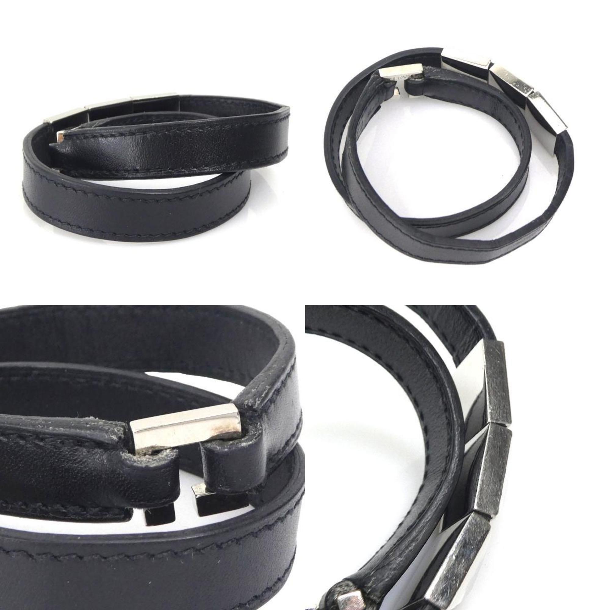 Hermes HERMES bracelet Medor leather metal black silver ladies e59009f