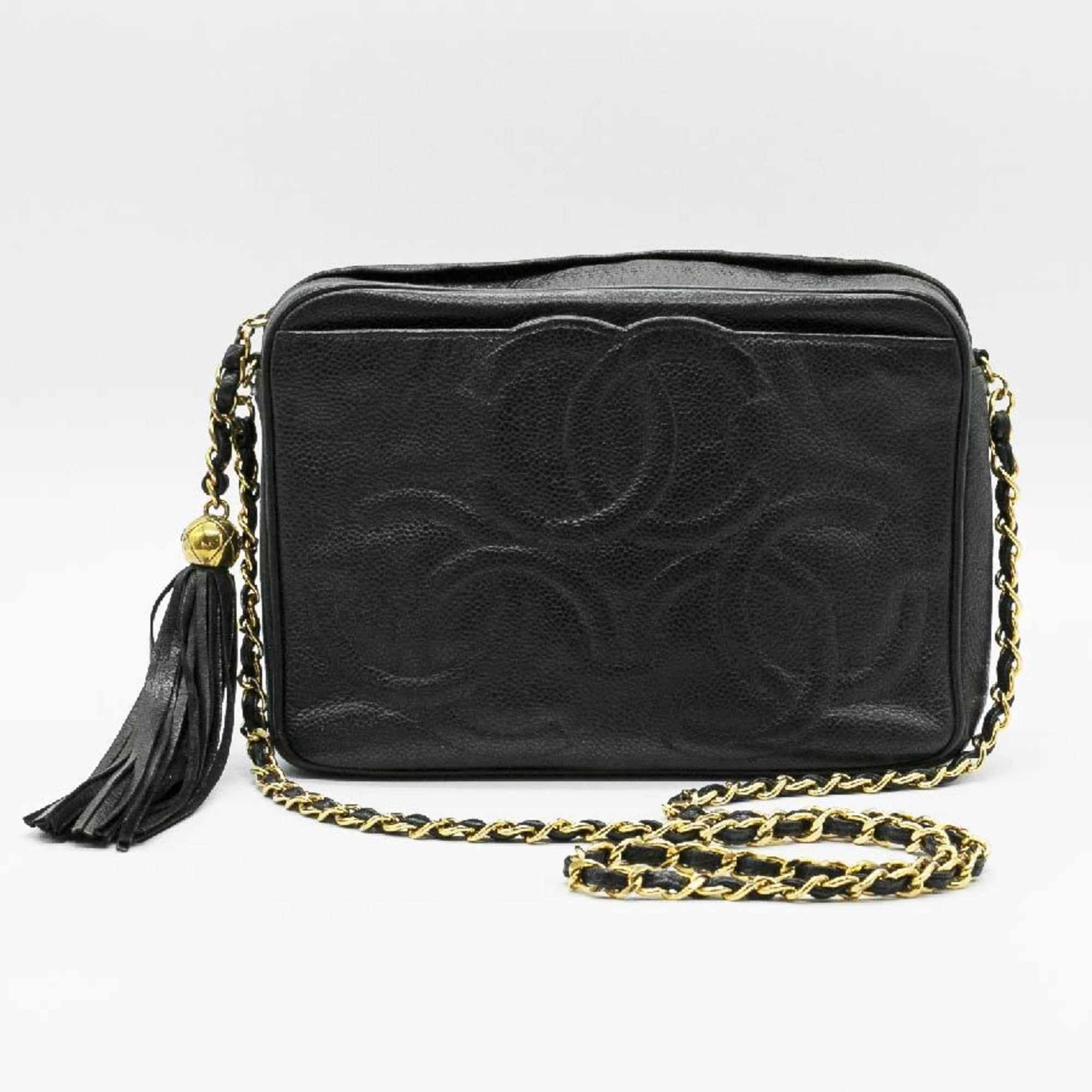 CHANEL Shoulder Bag Triple Coco Mark Caviar Skin Leather Black Gold Women's PD327