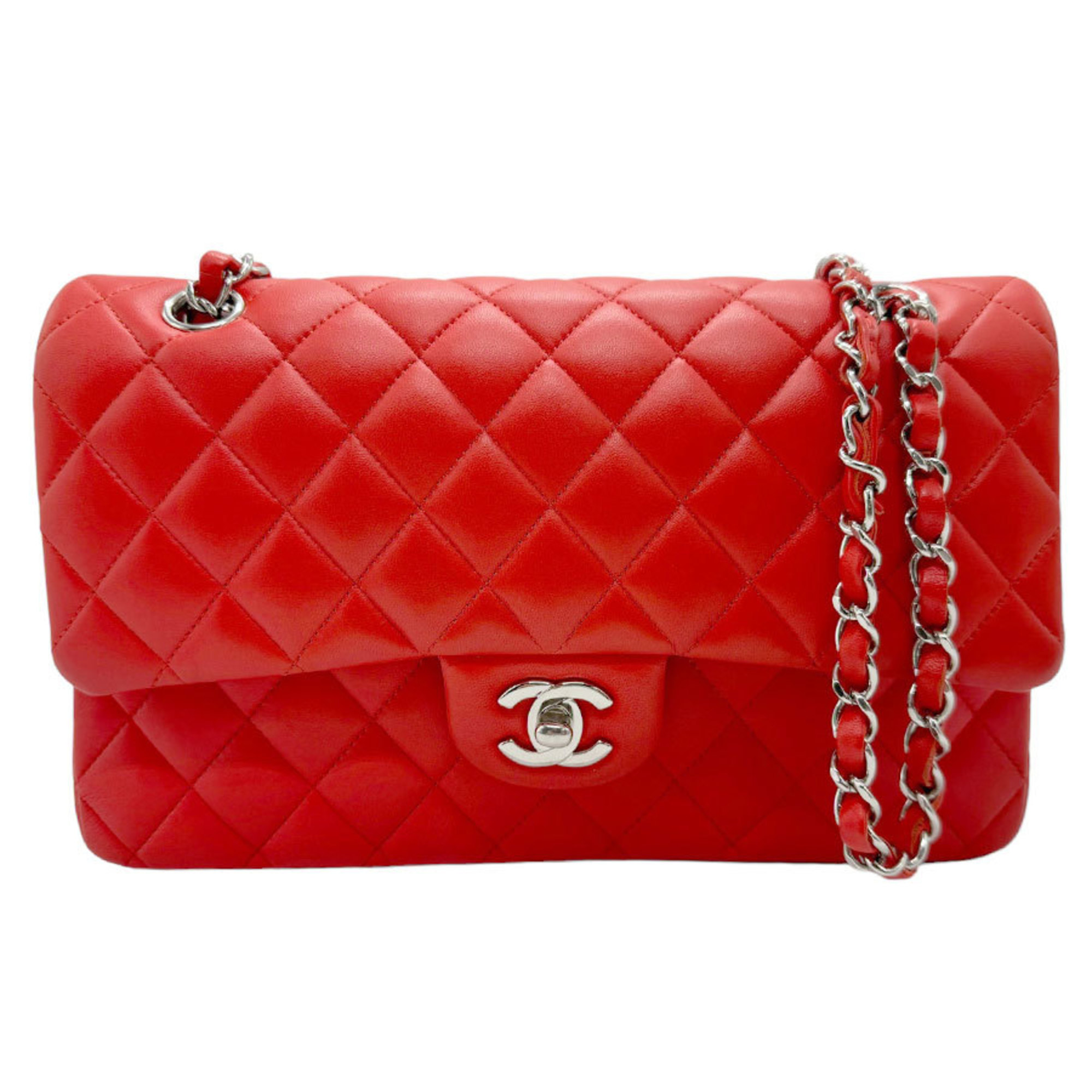 CHANEL Shoulder Bag Matelasse Lambskin Red Silver Women's n0267