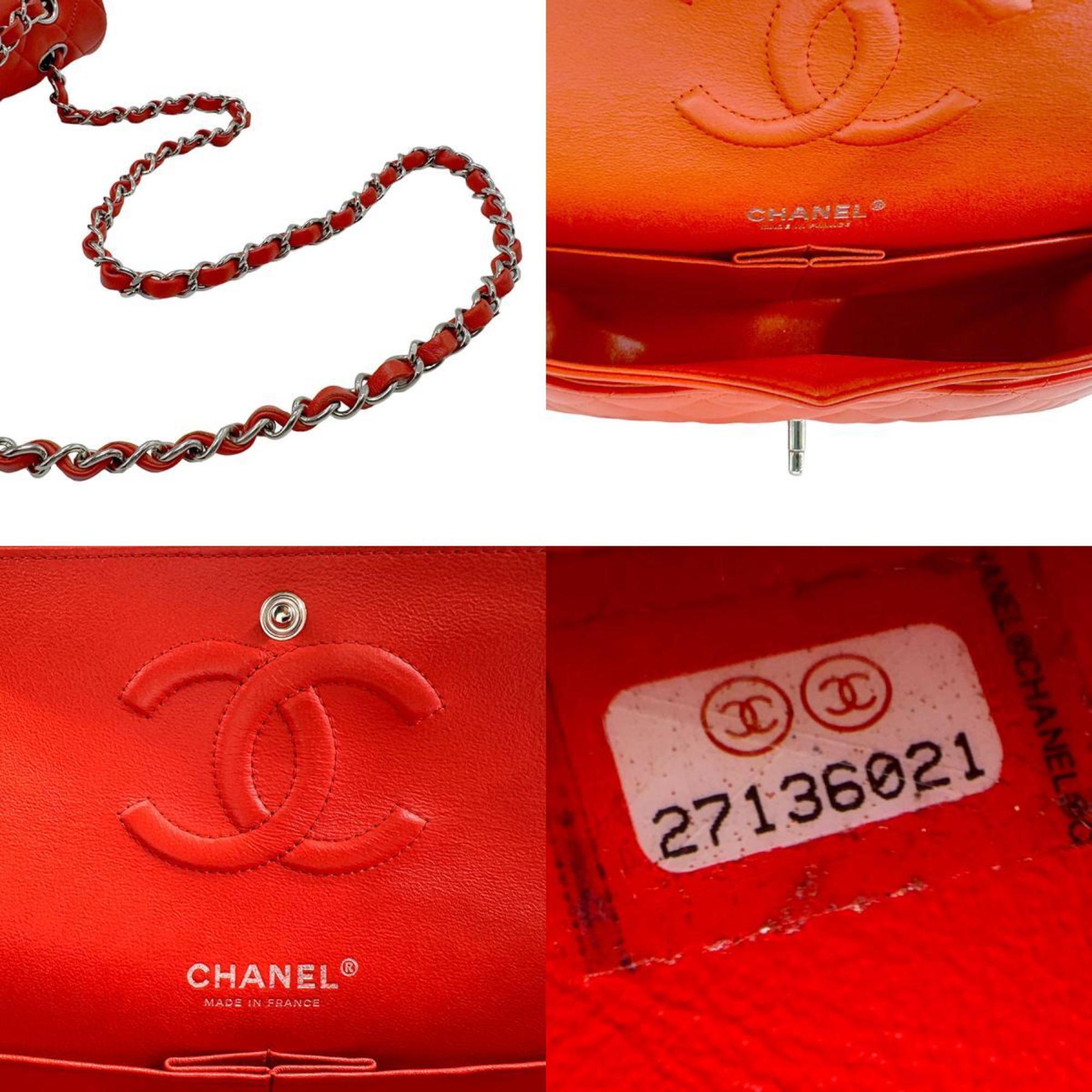 CHANEL Shoulder Bag Matelasse Lambskin Red Silver Women's n0267