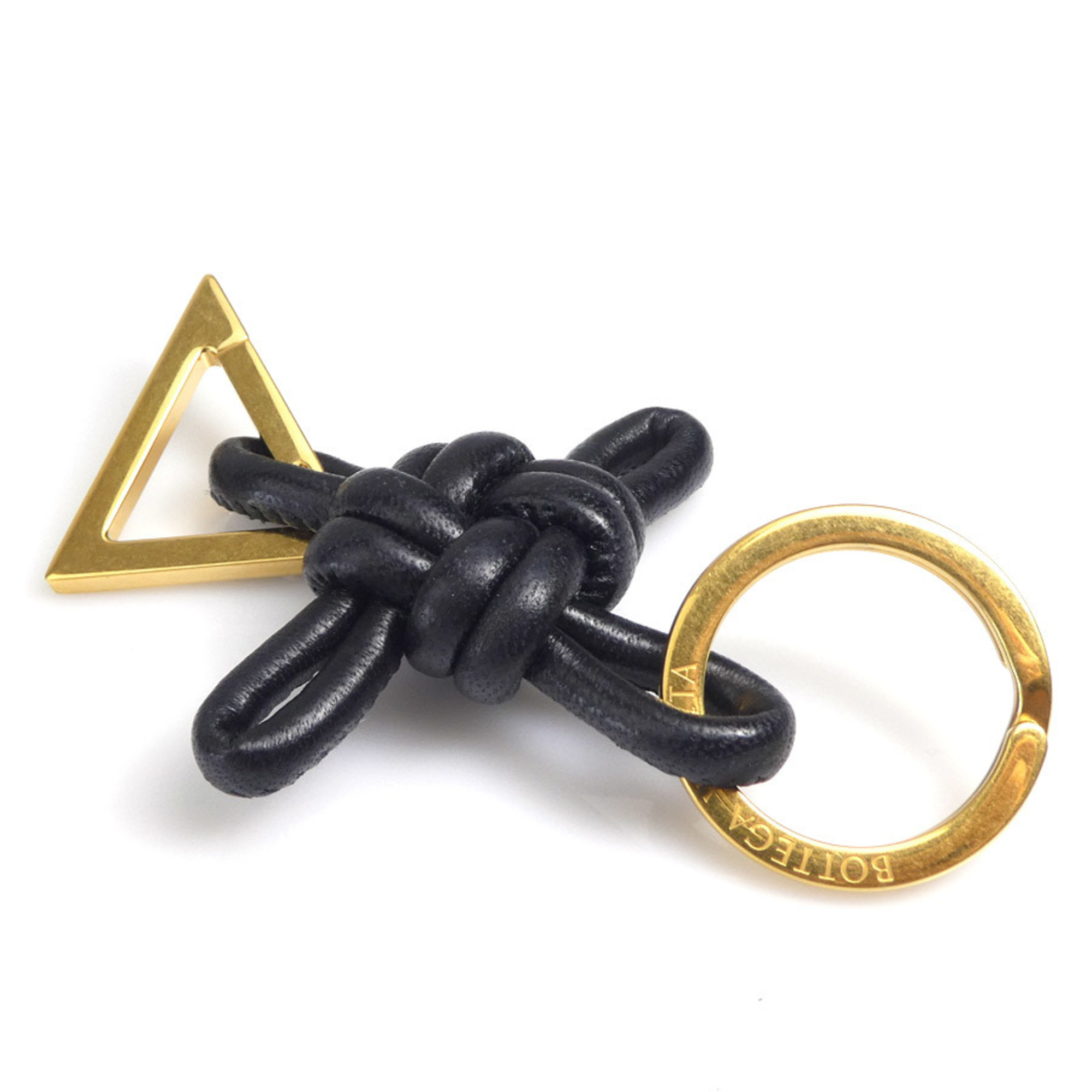 BOTTEGA VENETA Keyring Triangle Square Double Knot Leather Metal Black Gold Men Women h30462