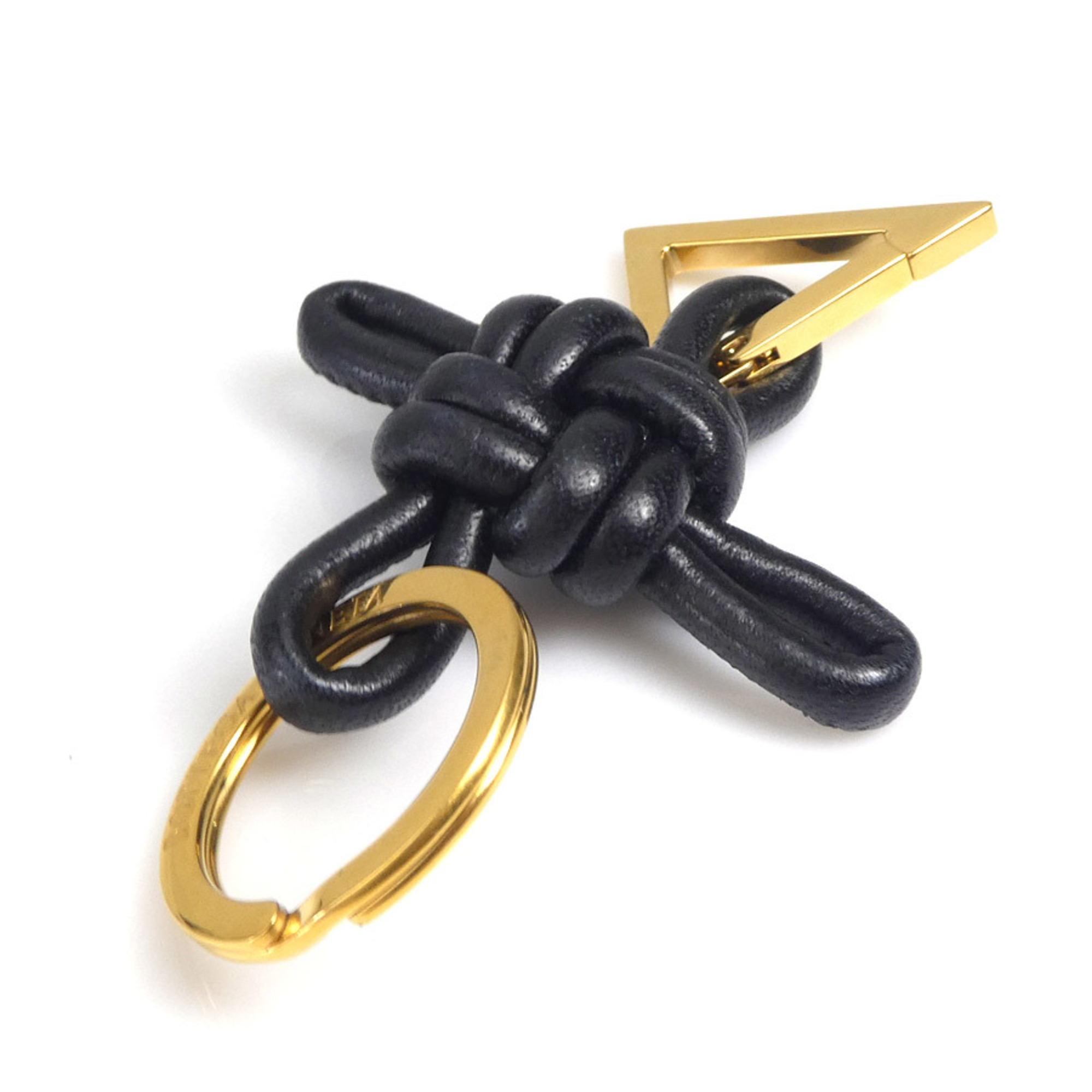 BOTTEGA VENETA Keyring Triangle Square Double Knot Leather Metal Black Gold Men Women h30462