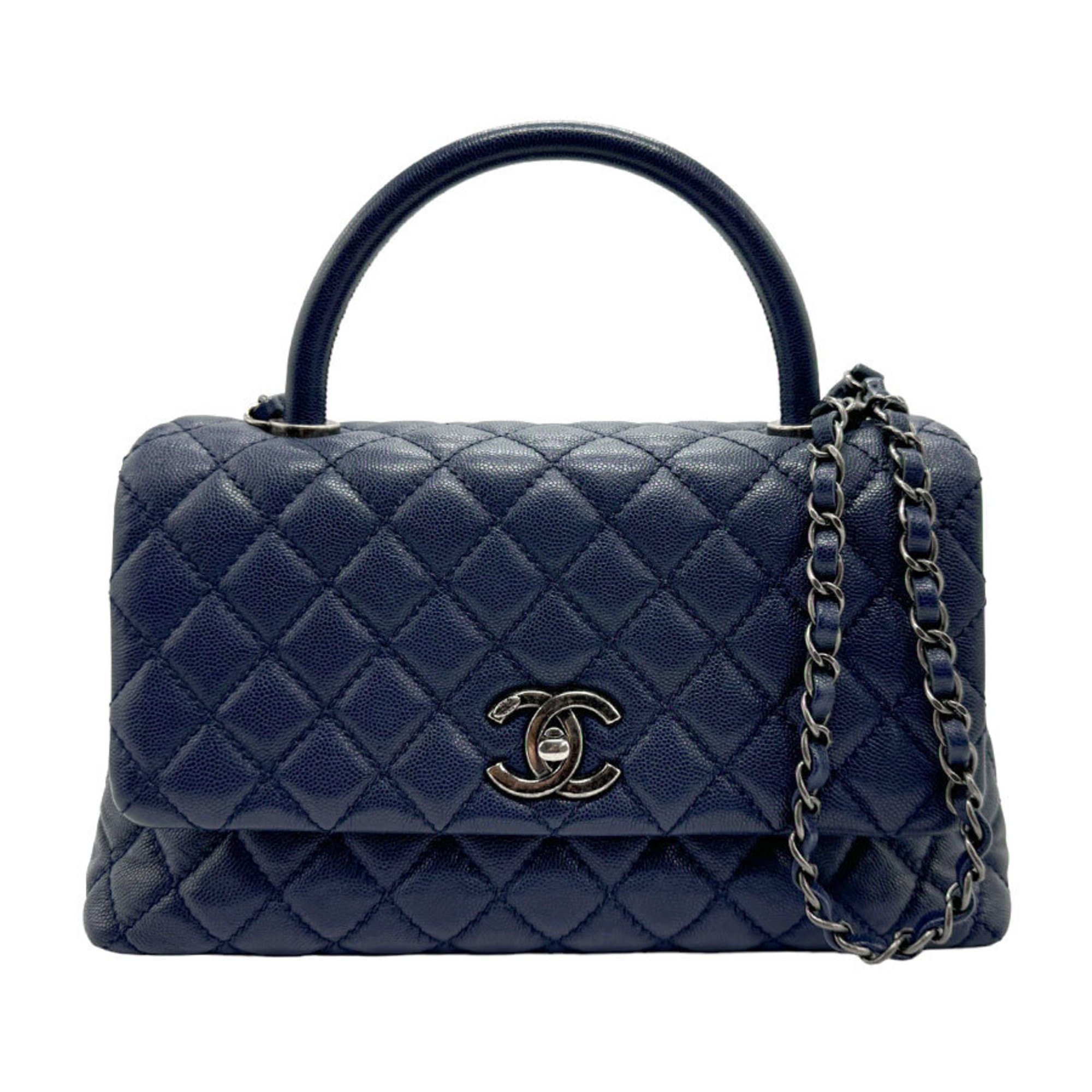 CHANEL Handbag Shoulder Bag Coco Handle Caviar Skin Leather Navy Women's z2156