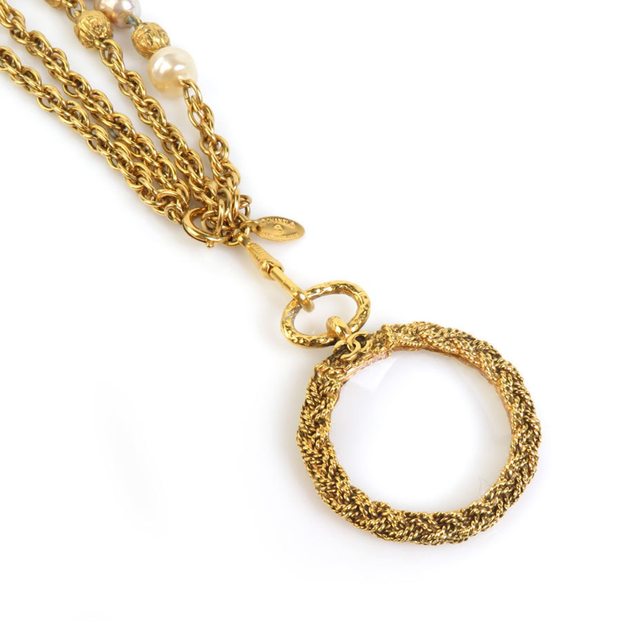 CHANEL Necklace Magnifying Glass Pendant Metal Faux Pearl Gold Off-White Women's e59007a