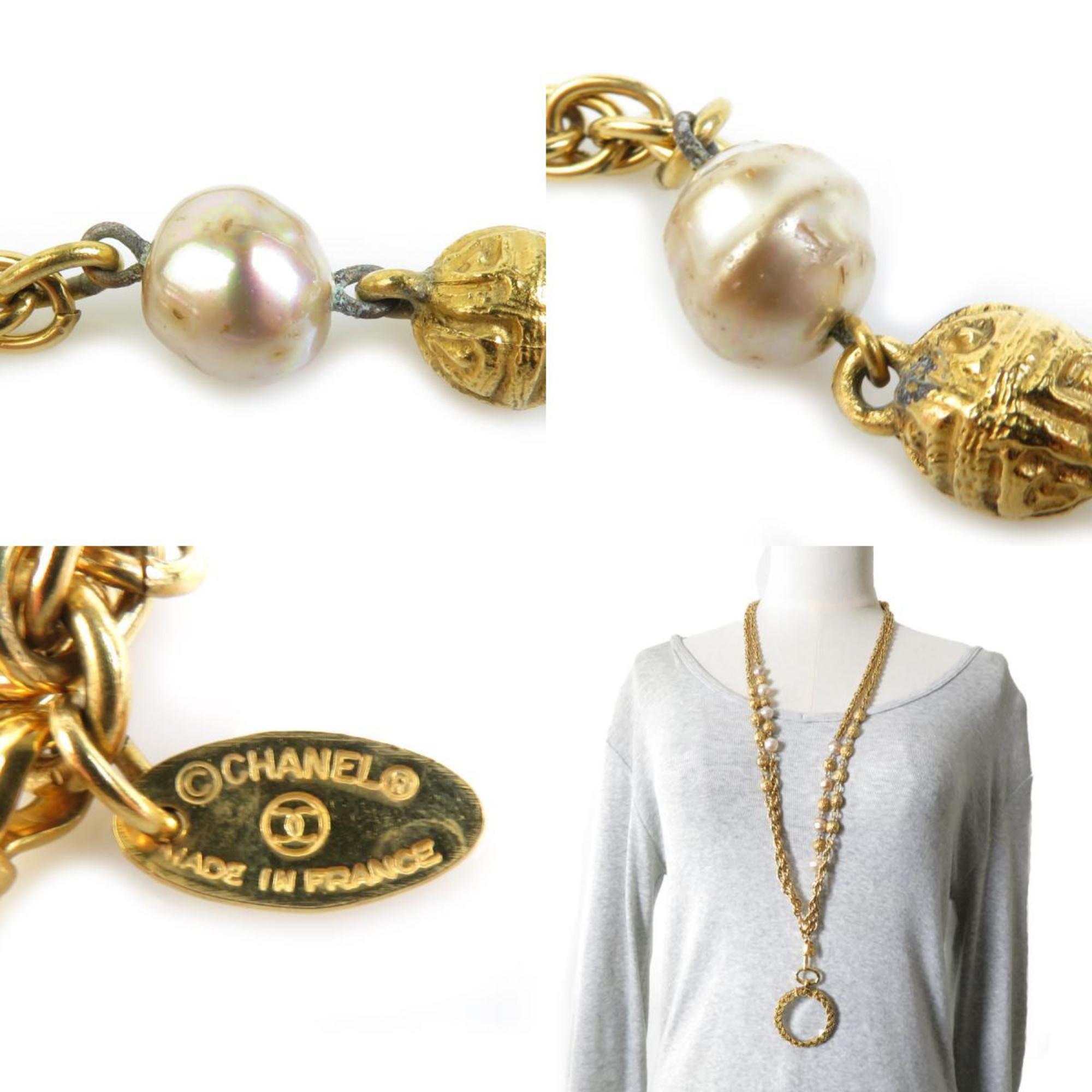 CHANEL Necklace Magnifying Glass Pendant Metal Faux Pearl Gold Off-White Women's e59007a