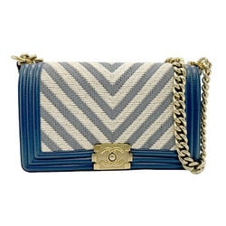 CHANEL Shoulder Bag Chevron Boy Chanel Leather Dark Blue Off-White Gold Women's z2077