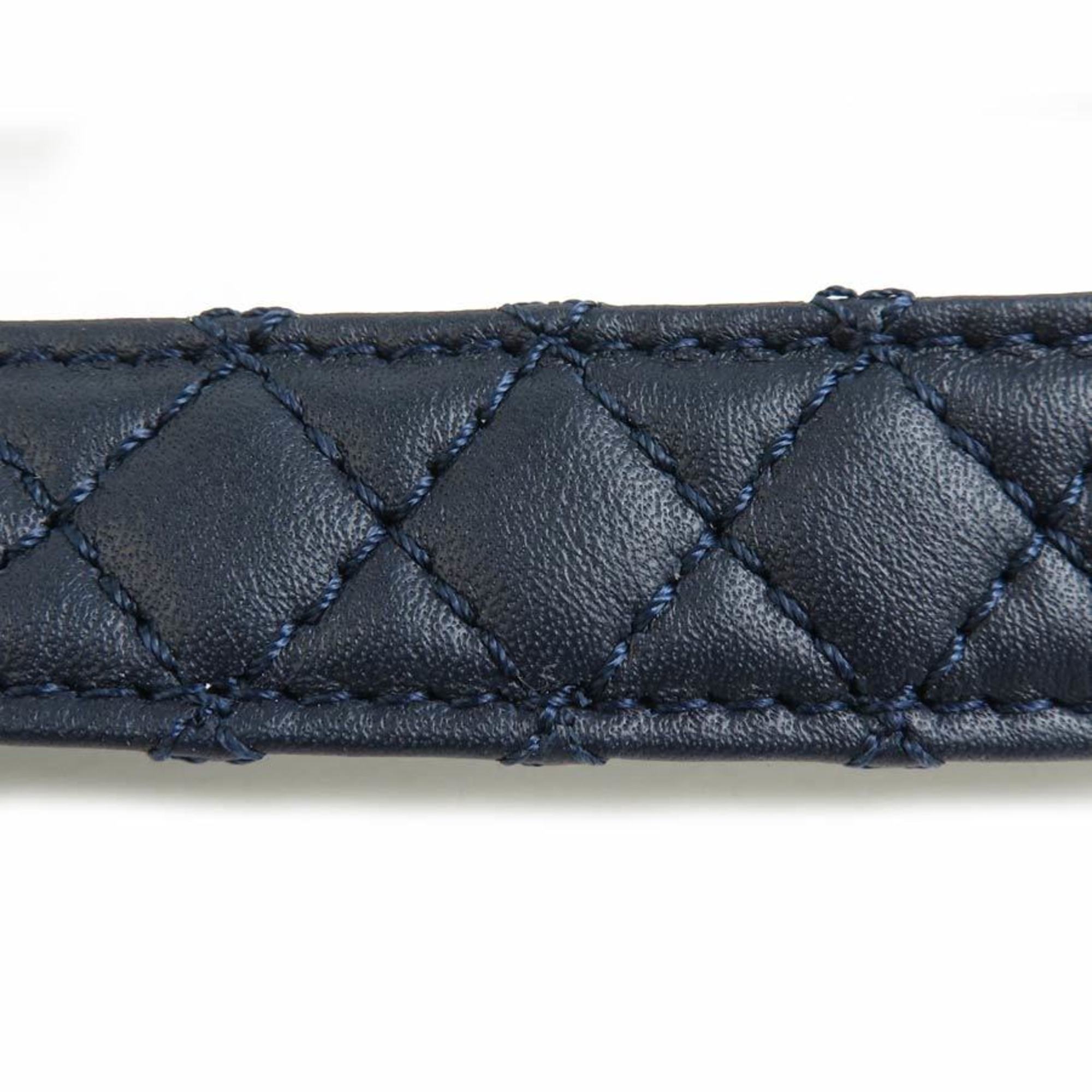 CHANEL neck strap leather metal navy silver ladies e59066a