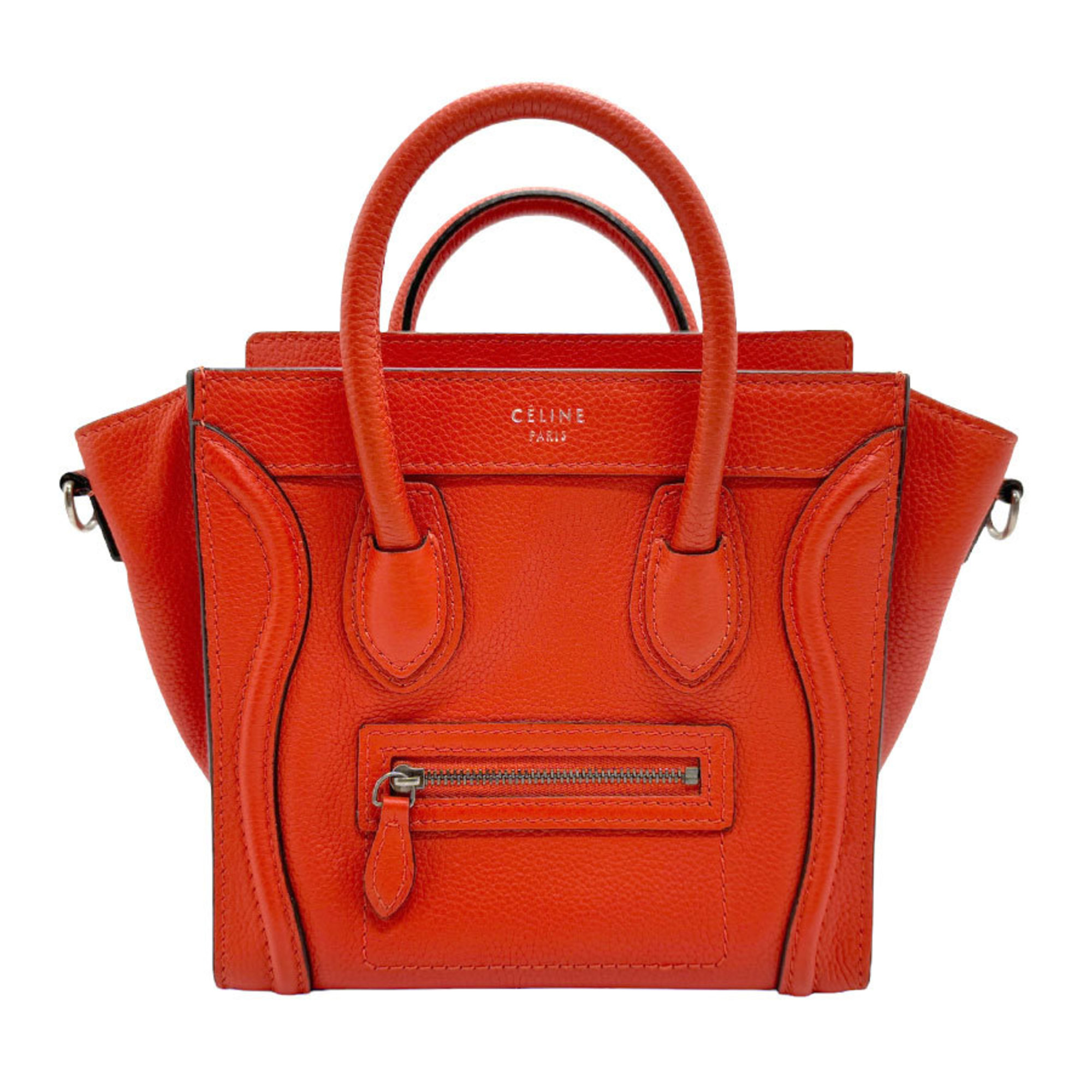 CELINE Handbag Shoulder Bag Luggage Nano Shopper Leather Orange Silver Women's z2073