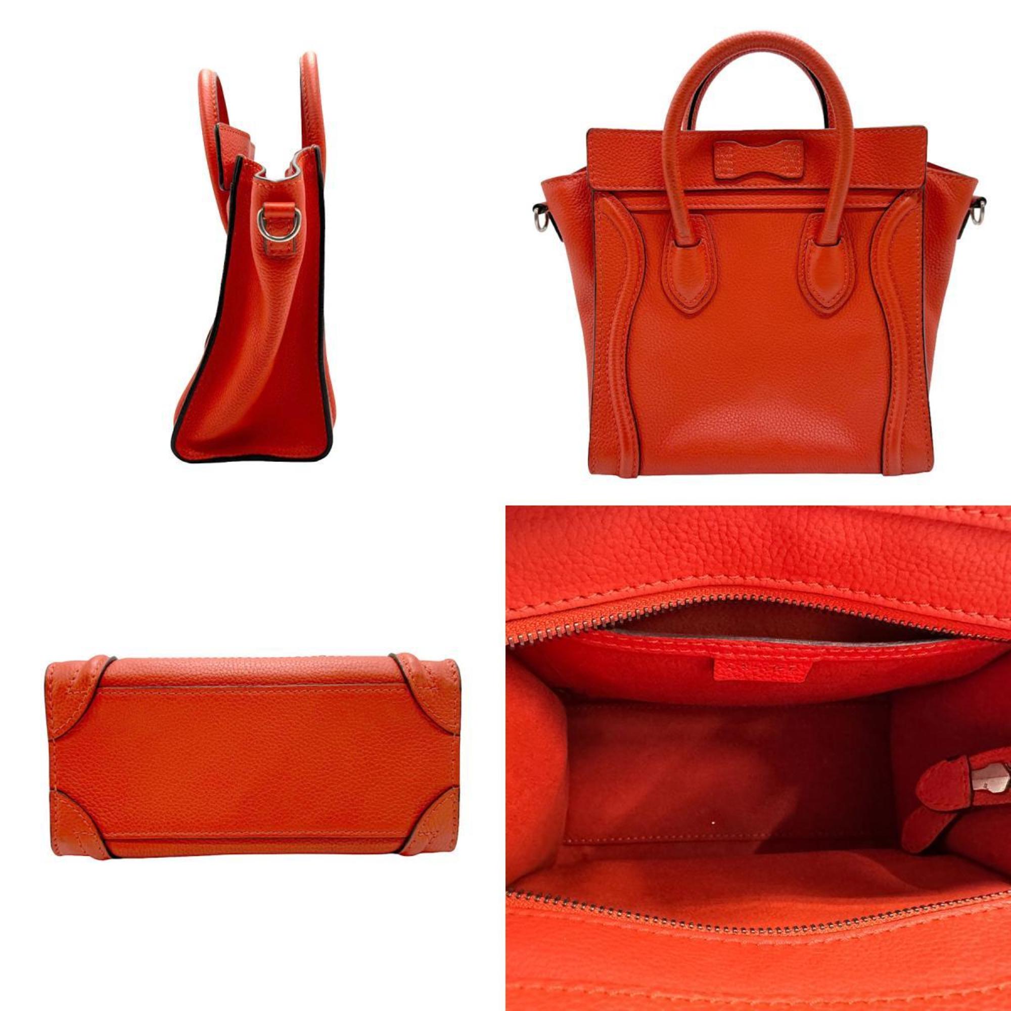 CELINE Handbag Shoulder Bag Luggage Nano Shopper Leather Orange Silver Women's z2073