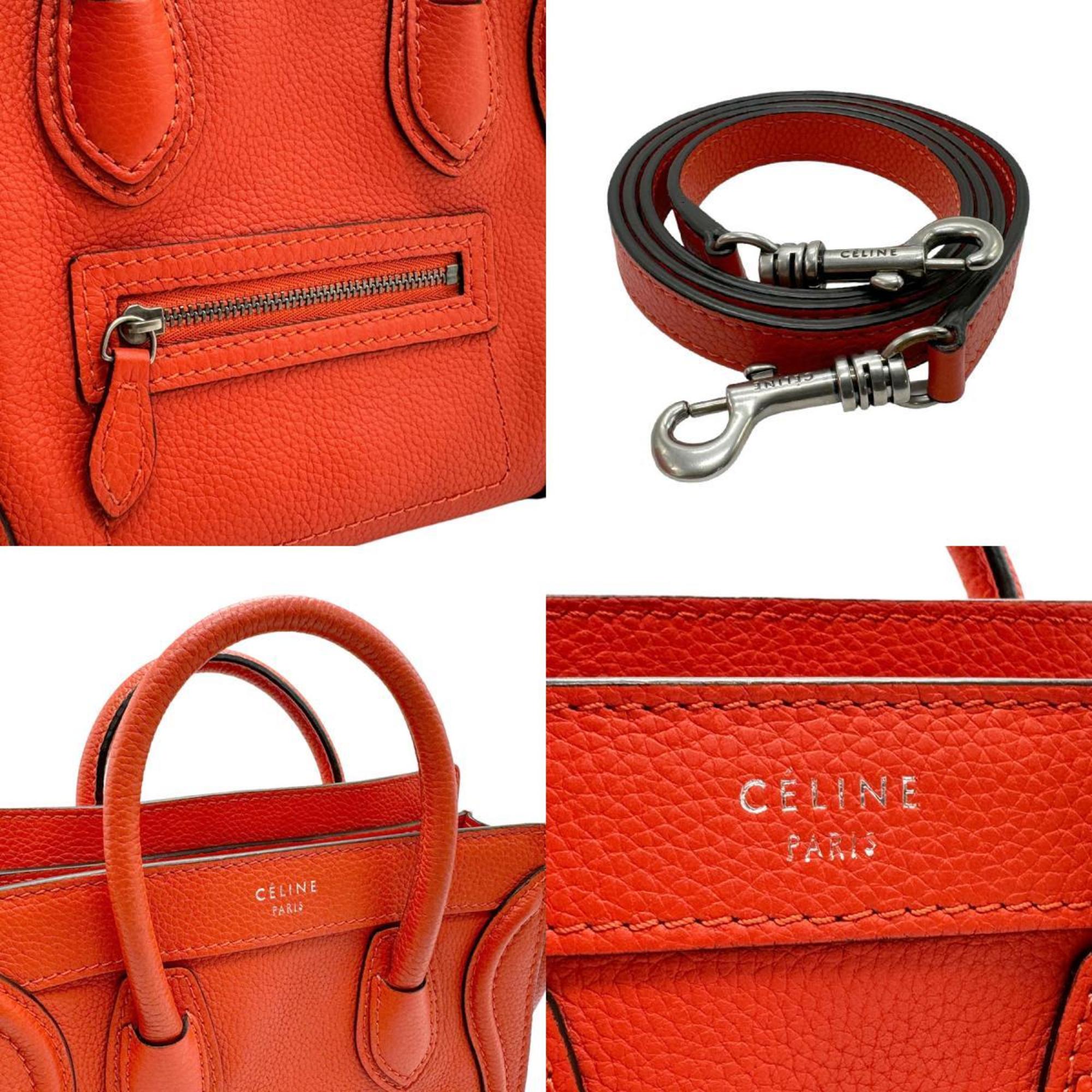 CELINE Handbag Shoulder Bag Luggage Nano Shopper Leather Orange Silver Women's z2073