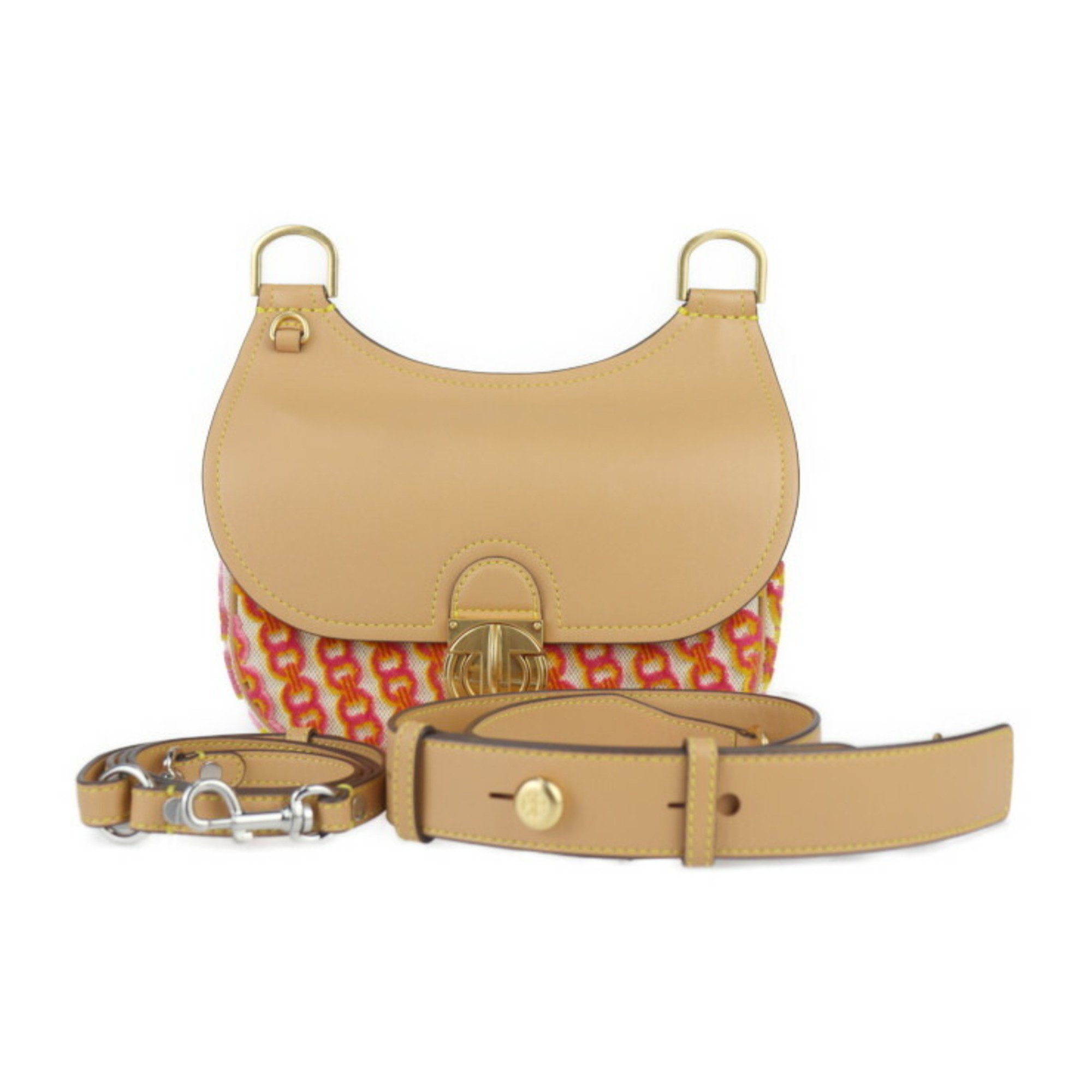 Tory Burch James Small Saddle Bag Shoulder - Canvas Leather Natural x Pink Yellow Brown Flap