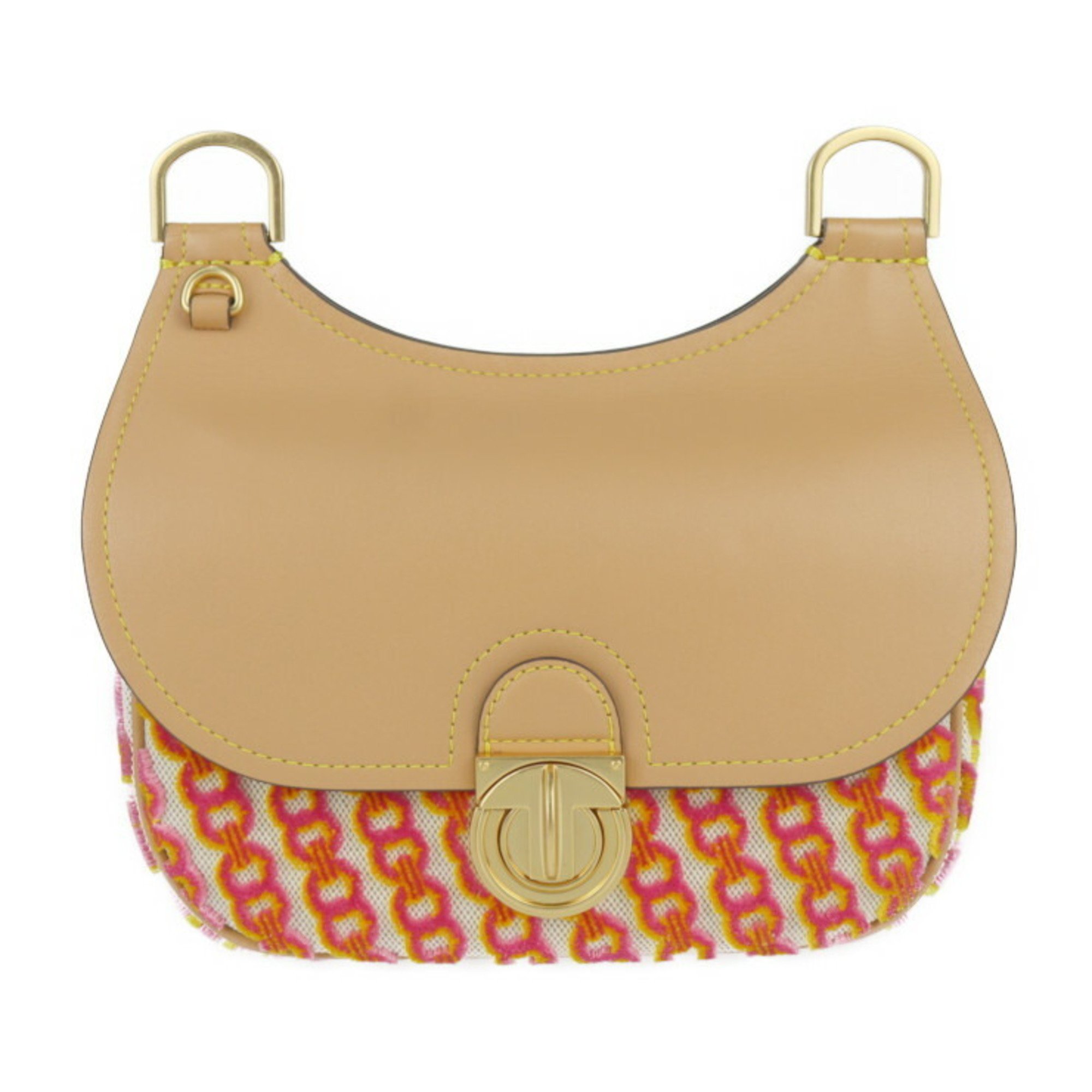 Tory Burch James Small Saddle Bag Shoulder - Canvas Leather Natural x Pink Yellow Brown Flap