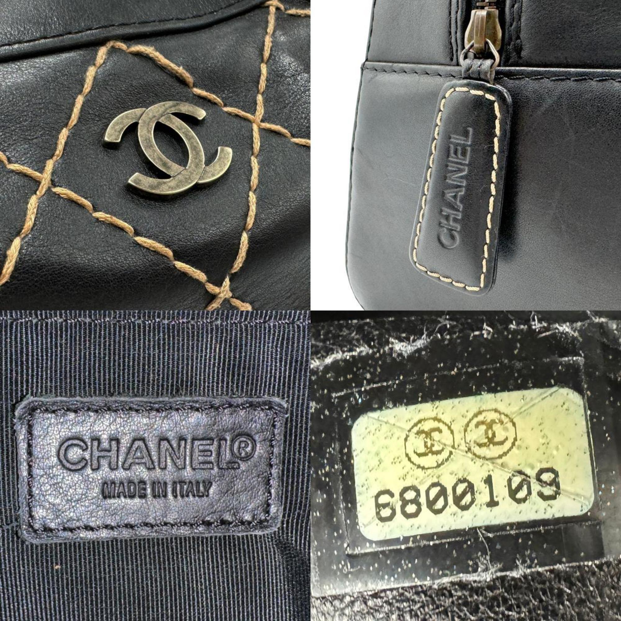 CHANEL Handbag Wild Stitch Leather Black Women's n0264