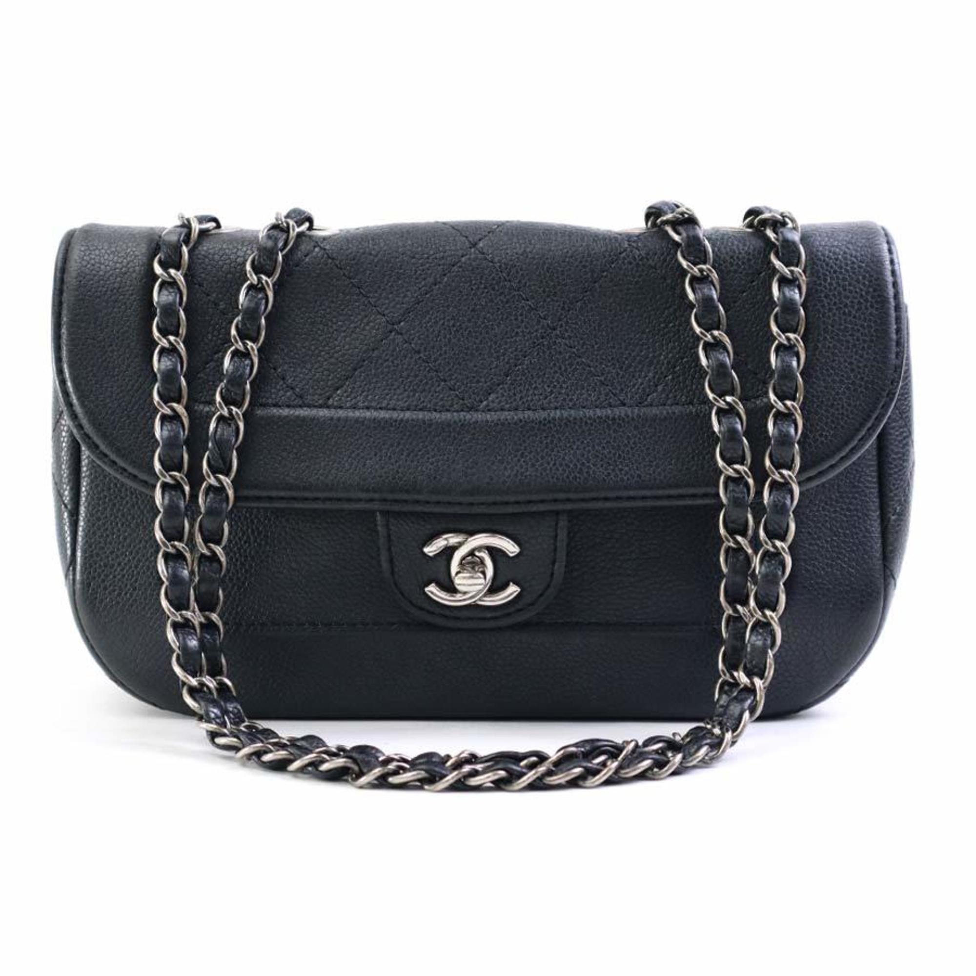 CHANEL Shoulder Bag Caviar Skin Leather Black Silver Women's e59016a