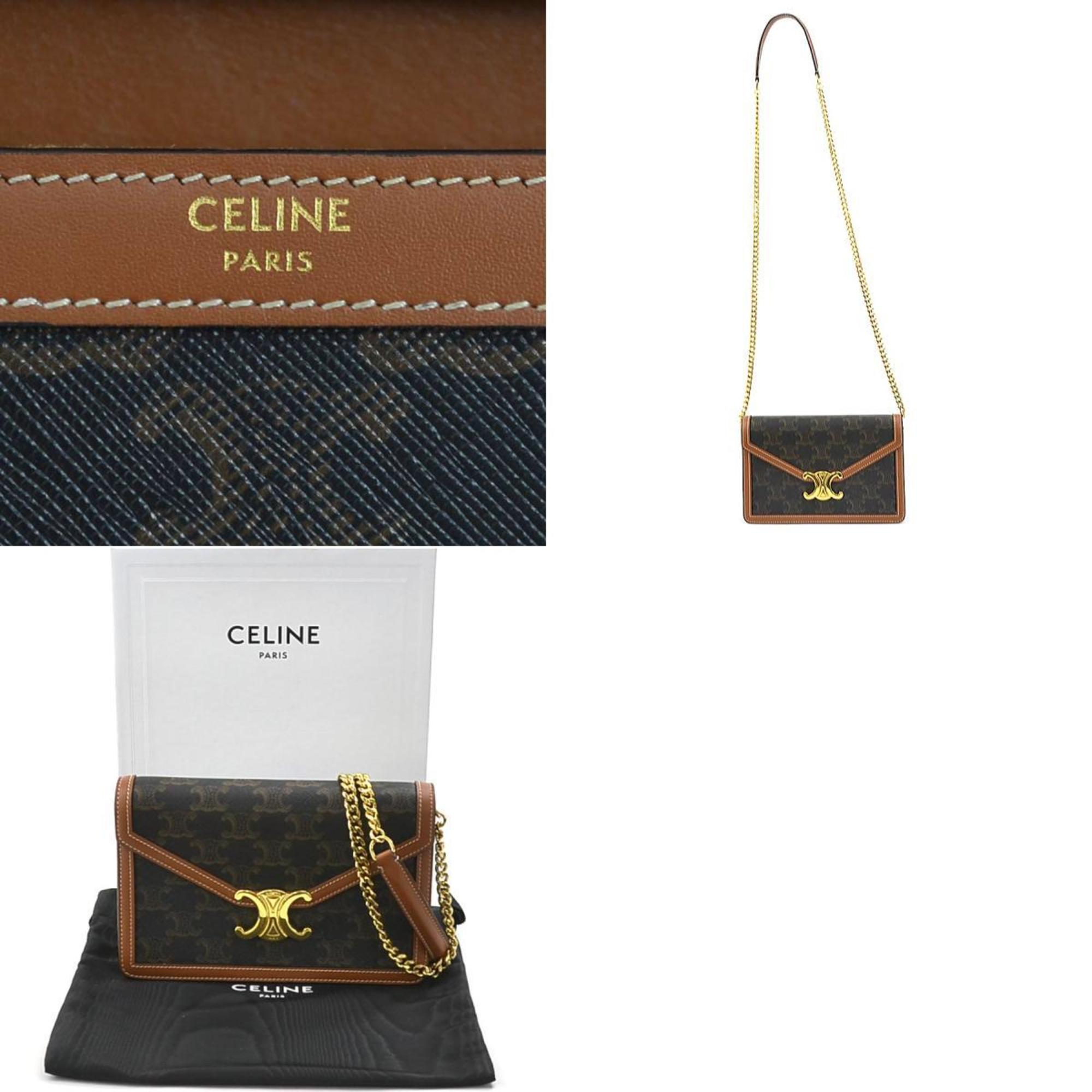 CELINE Shoulder Bag Triomphe Chain Wallet Margo Leather Brown Gold Women's e59032k