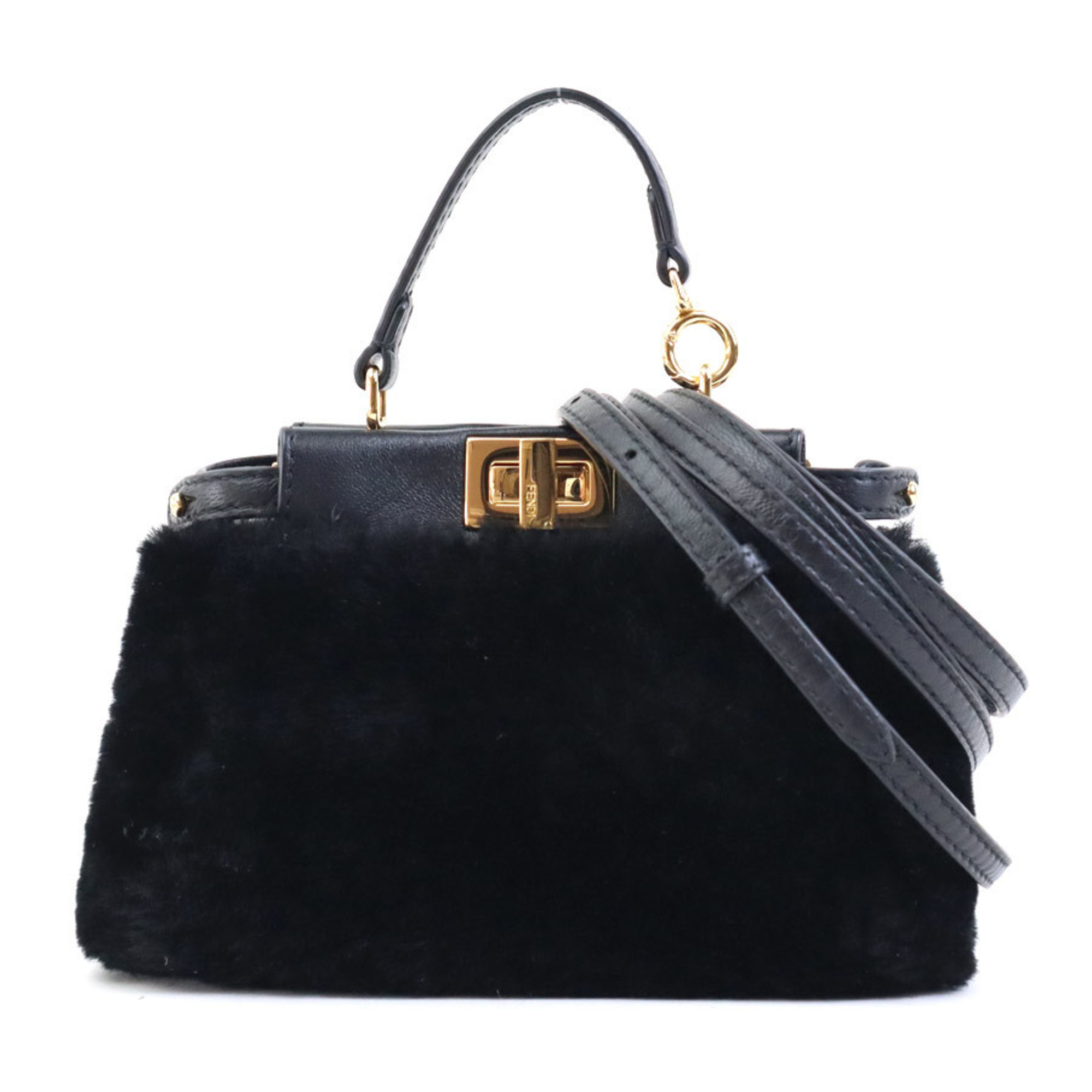 FENDI shoulder bag handbag micro peekaboo fur leather black gold ladies e58999j