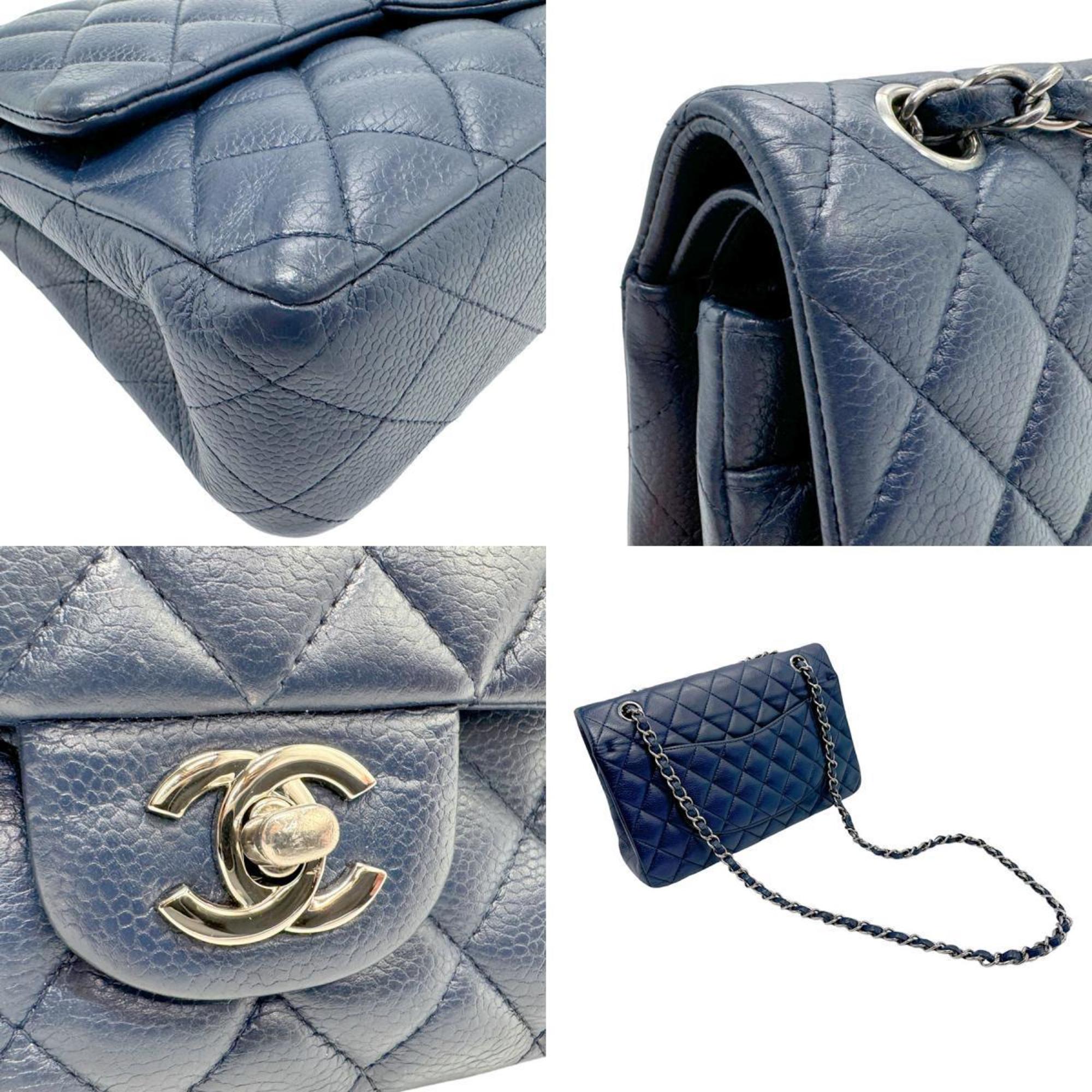 CHANEL Shoulder Bag Matelasse Caviar Skin Leather Navy Silver Women's z2086