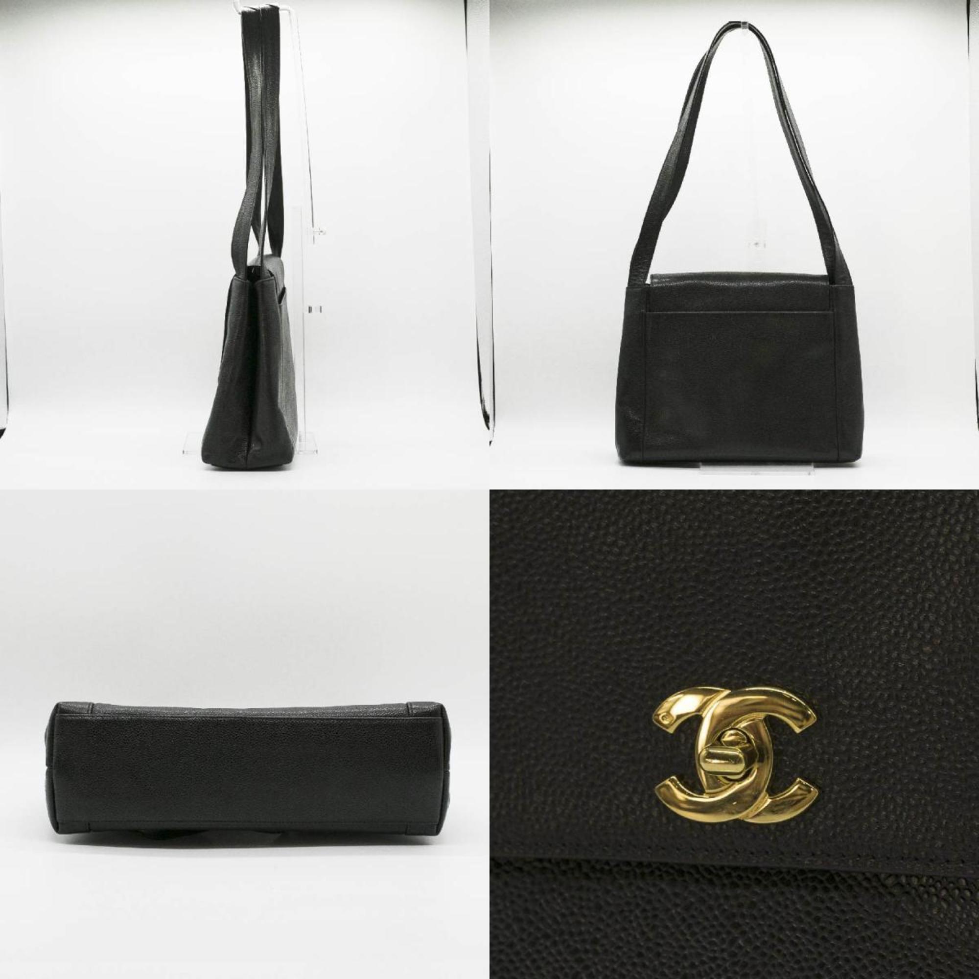 CHANEL Shoulder Bag Coco Mark Caviar Skin Leather Black Gold Women's PD319